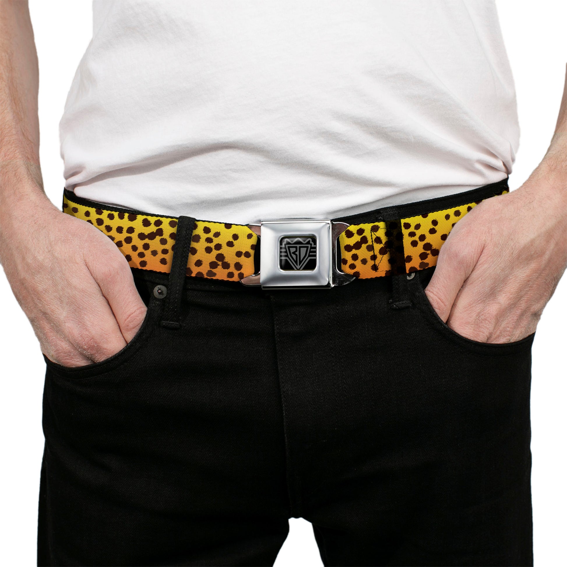 BD Wings Logo CLOSE-UP Full Color Black Silver Seatbelt Belt - Cheetah Webbing Seatbelt Belts Buckle-Down
