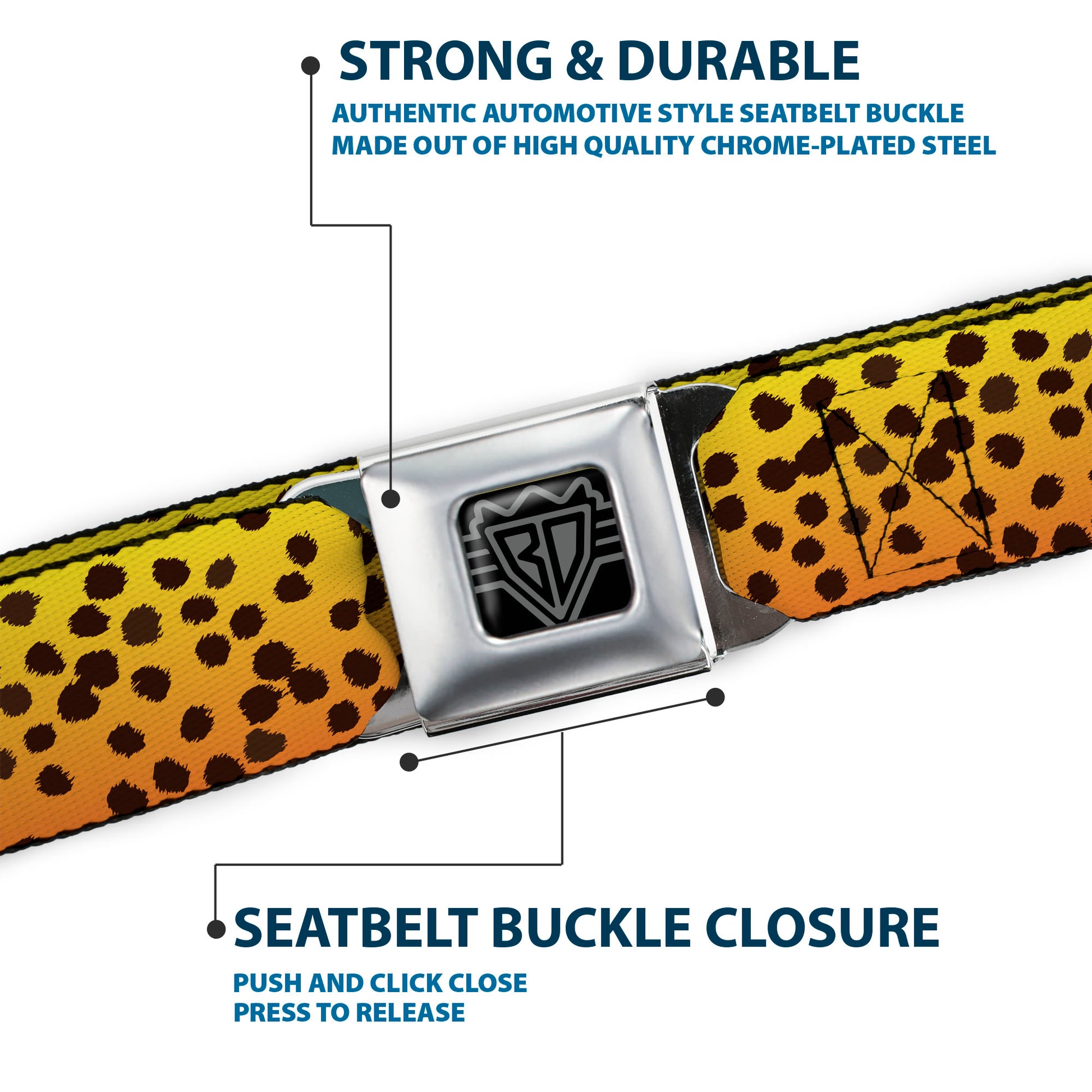 BD Wings Logo CLOSE-UP Full Color Black Silver Seatbelt Belt - Cheetah Webbing Seatbelt Belts Buckle-Down