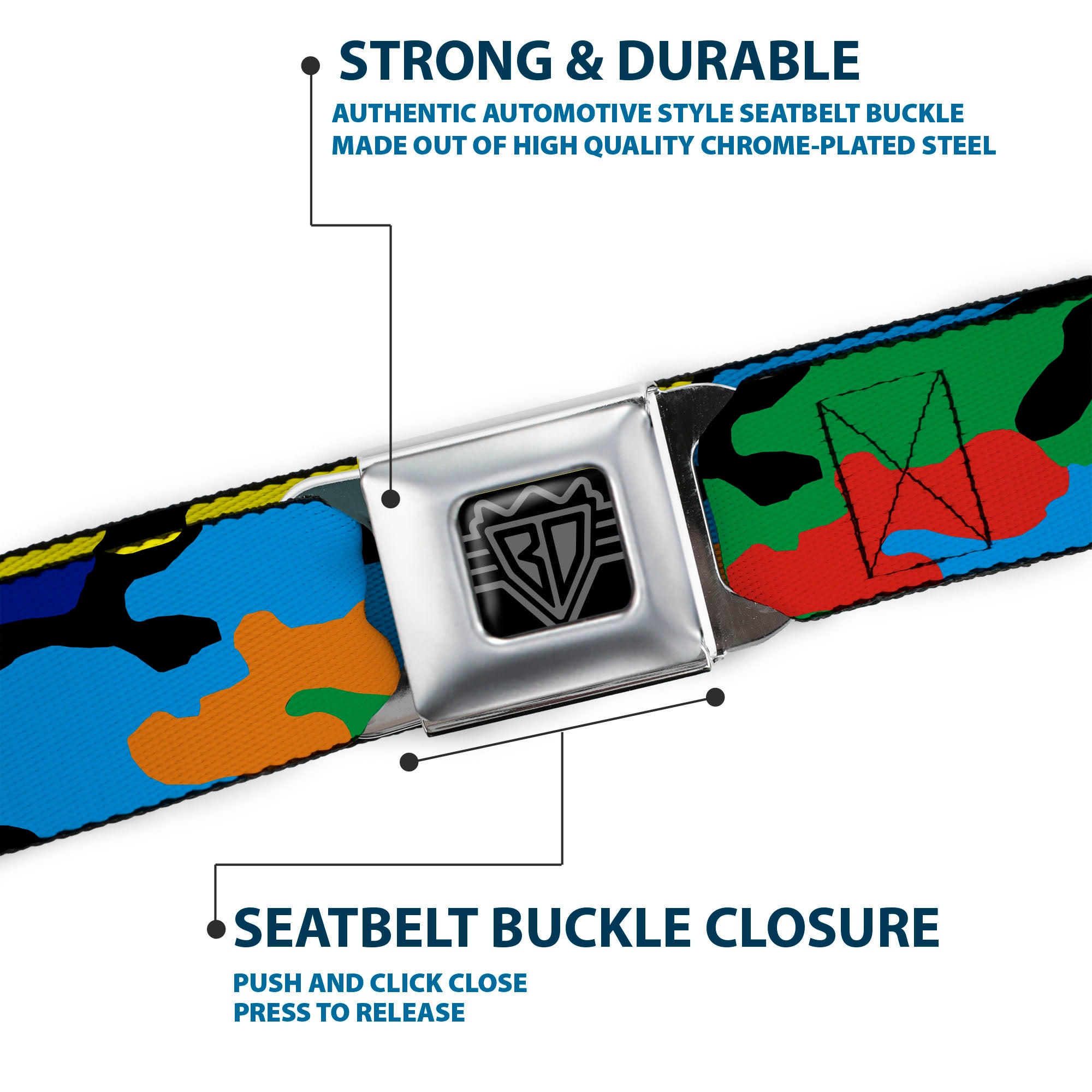 BD Wings Logo CLOSE-UP Full Color Black Silver Seatbelt Belt - Camo Multi Neon Webbing Seatbelt Belts Buckle-Down
