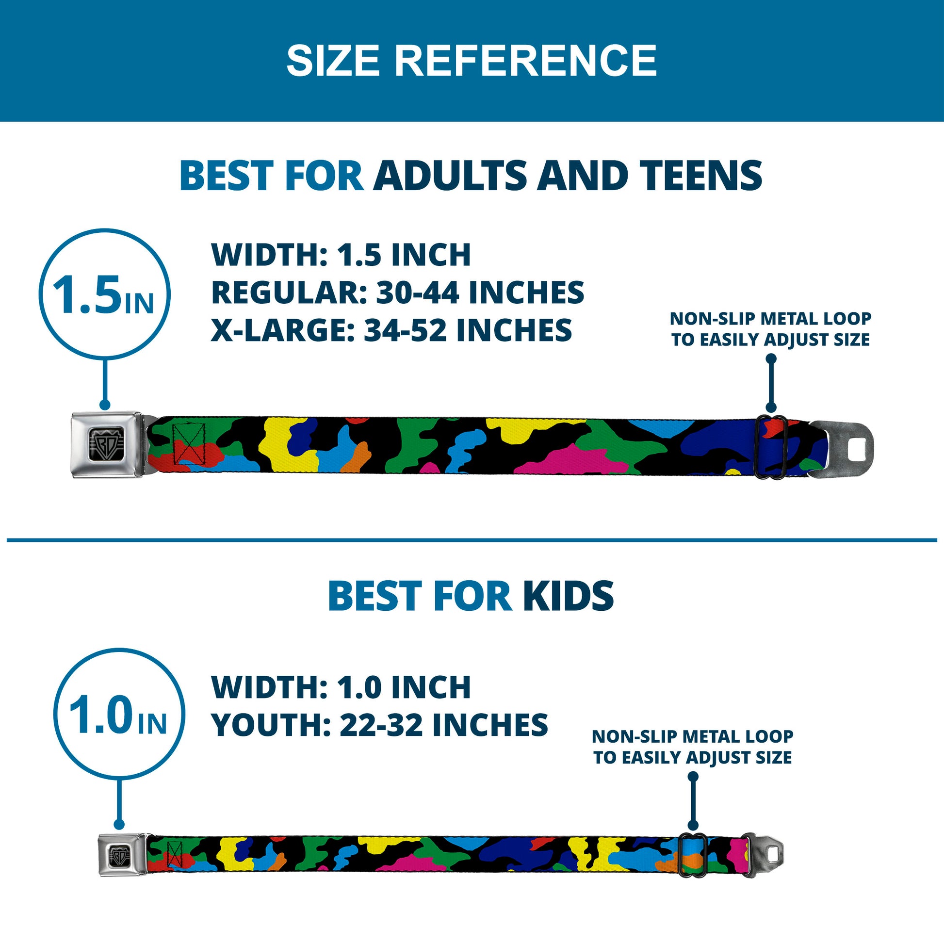 BD Wings Logo CLOSE-UP Full Color Black Silver Seatbelt Belt - Camo Multi Neon Webbing Seatbelt Belts Buckle-Down