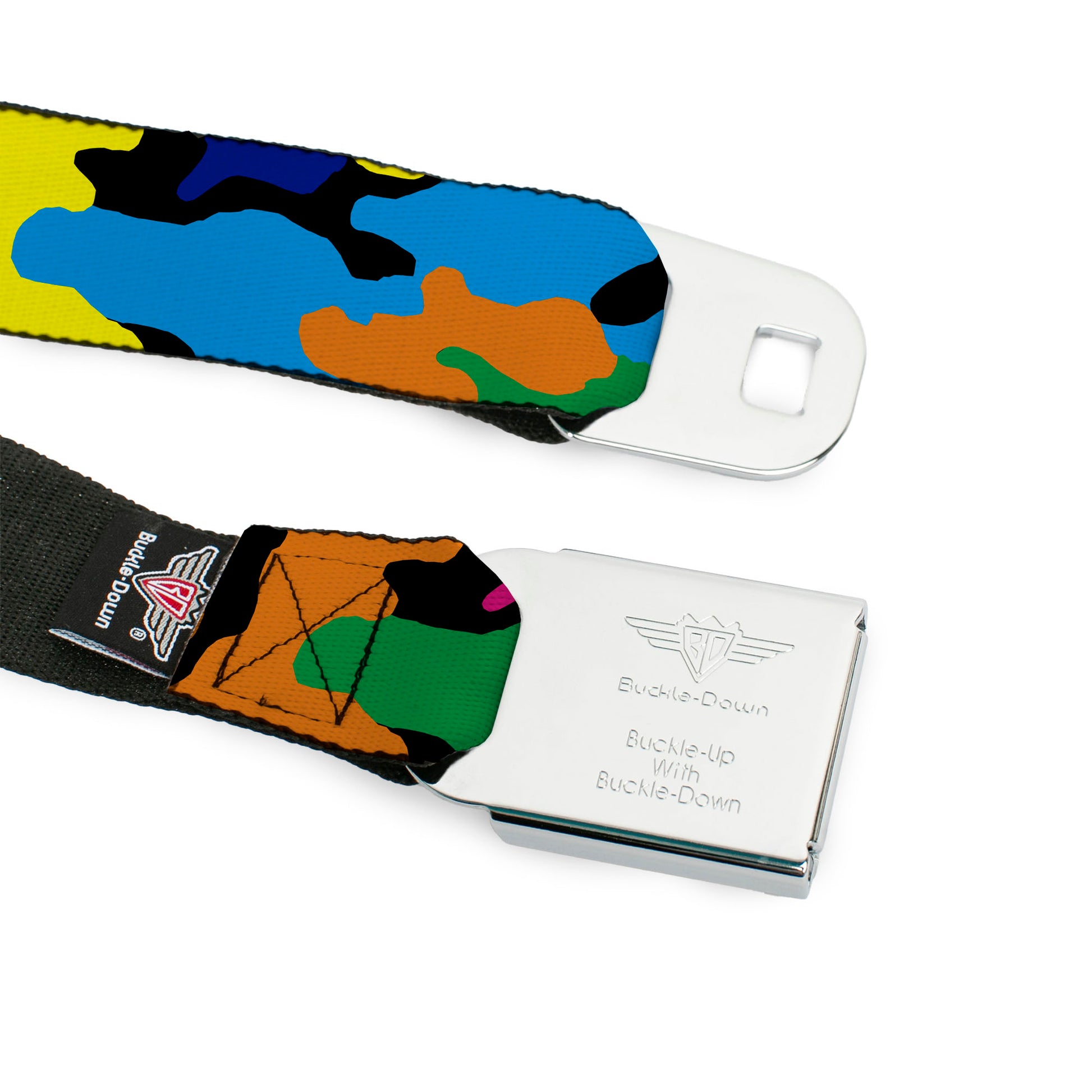 BD Wings Logo CLOSE-UP Full Color Black Silver Seatbelt Belt - Camo Multi Neon Webbing Seatbelt Belts Buckle-Down
