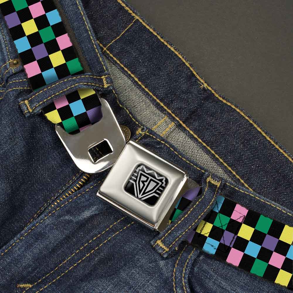 BD Wings Logo CLOSE-UP Full Color Black Silver Seatbelt Belt - Checker Black/Multi Pastel Webbing Seatbelt Belts Buckle-Down