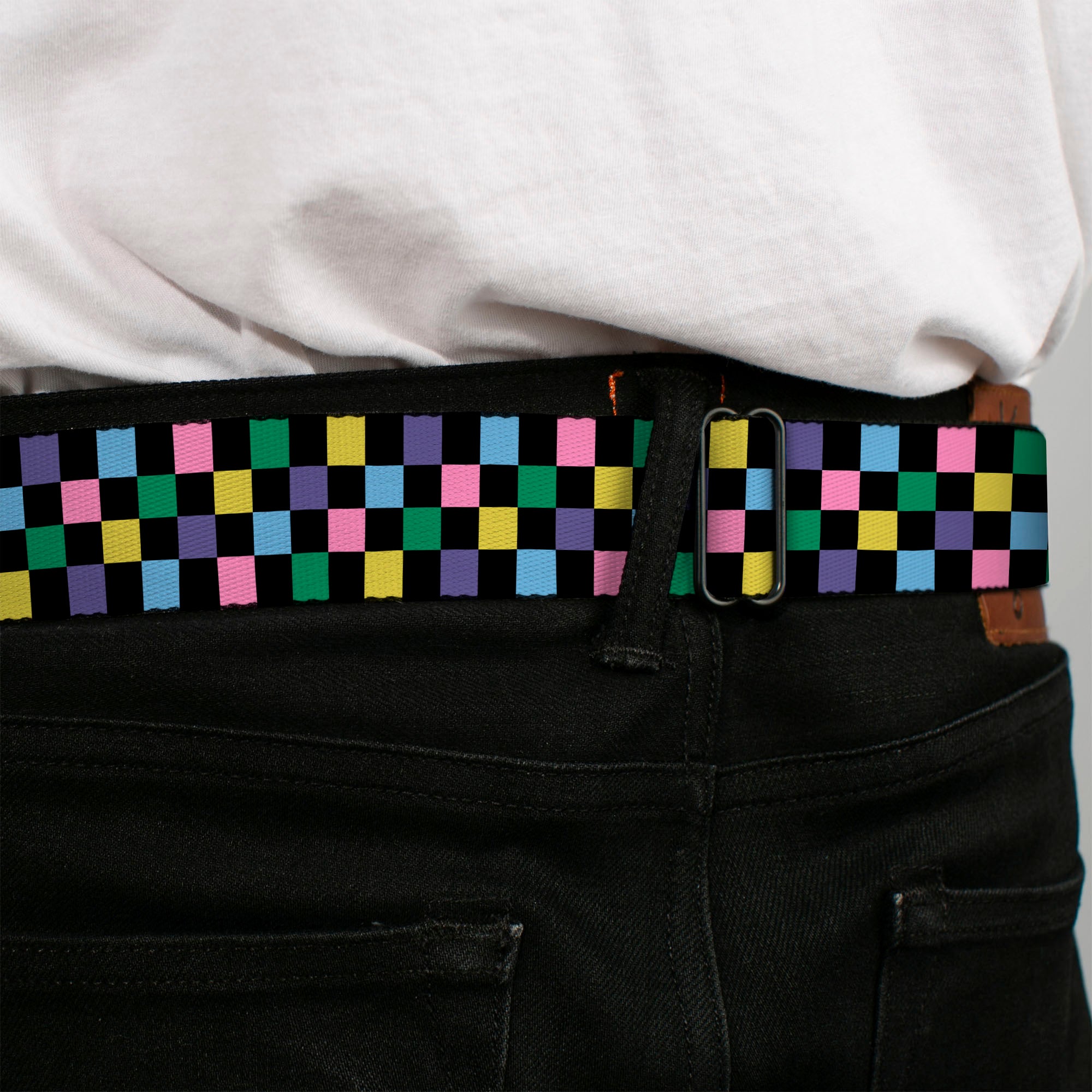 BD Wings Logo CLOSE-UP Full Color Black Silver Seatbelt Belt - Checker Black/Multi Pastel Webbing Seatbelt Belts Buckle-Down