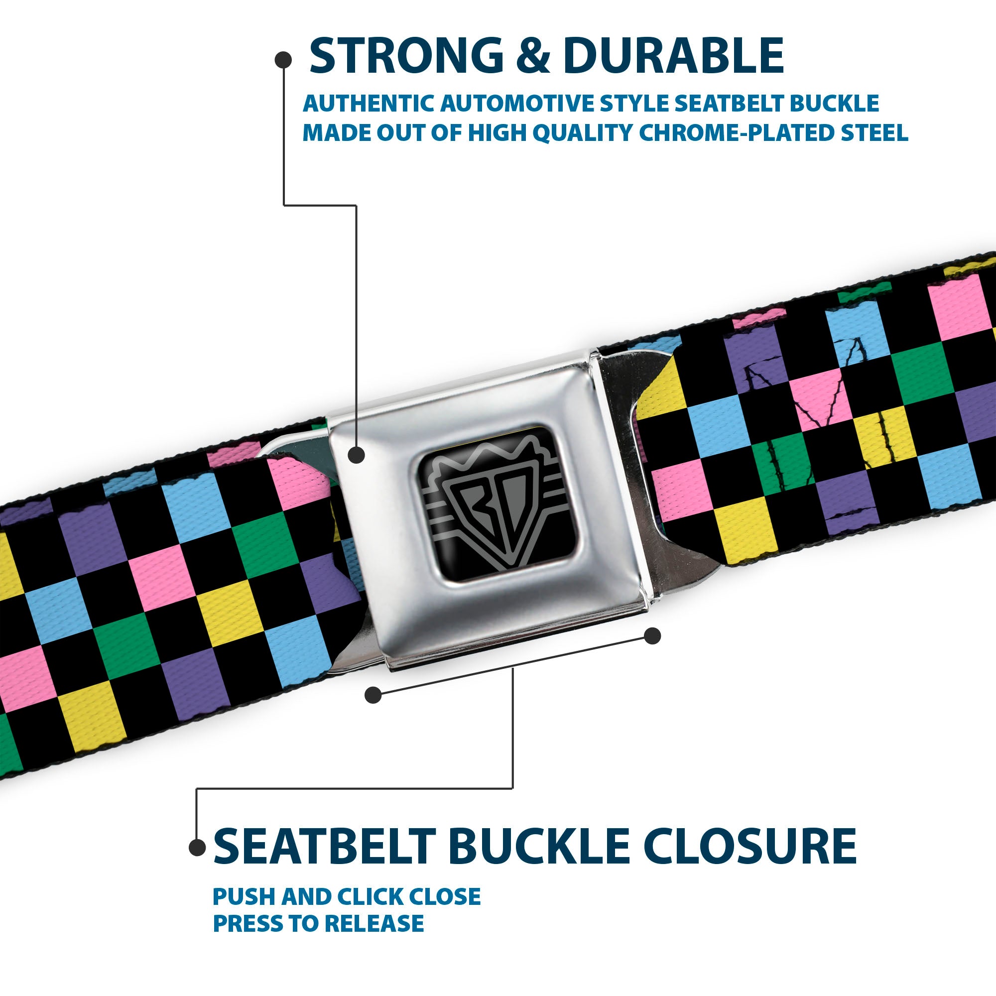 BD Wings Logo CLOSE-UP Full Color Black Silver Seatbelt Belt - Checker Black/Multi Pastel Webbing Seatbelt Belts Buckle-Down
