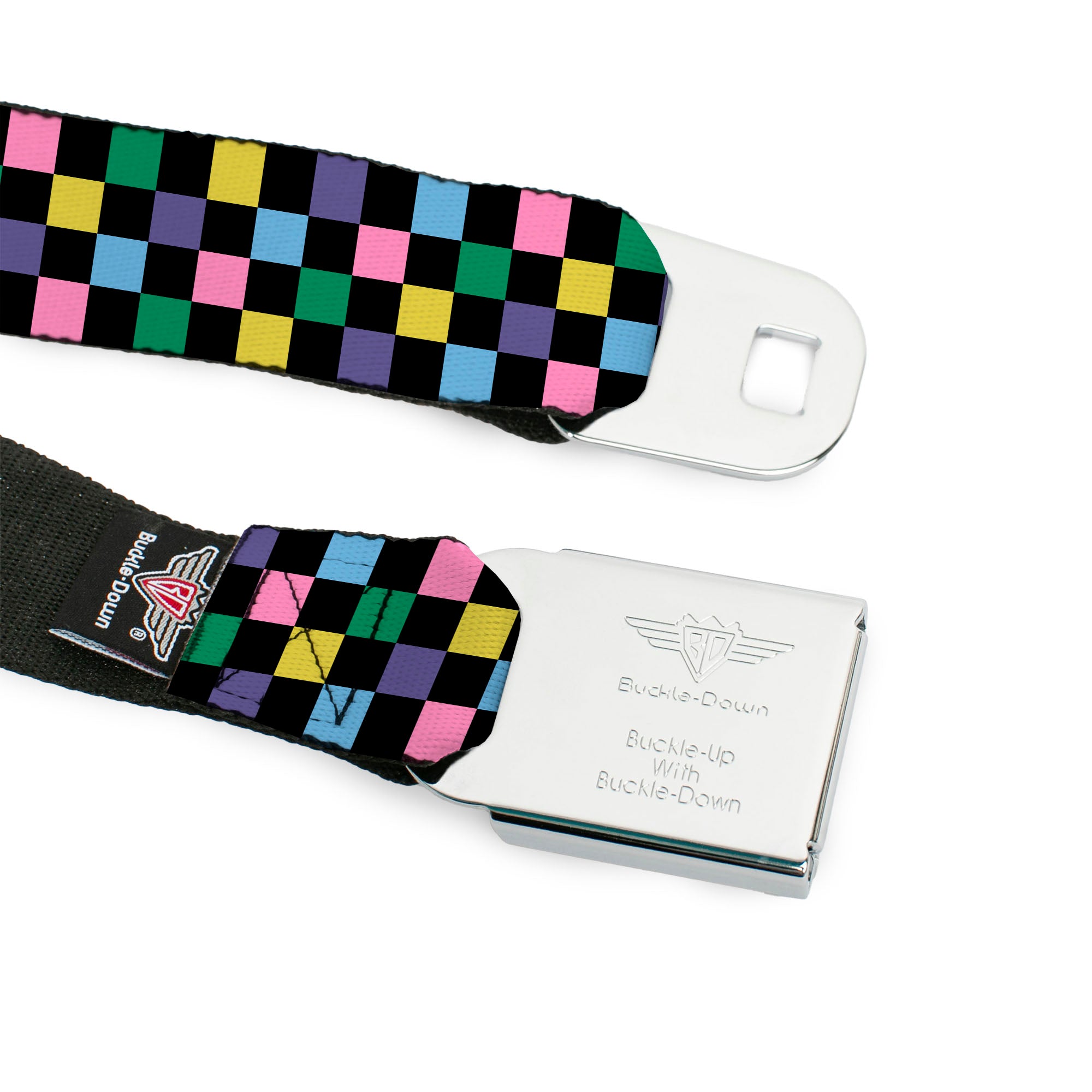 BD Wings Logo CLOSE-UP Full Color Black Silver Seatbelt Belt - Checker Black/Multi Pastel Webbing Seatbelt Belts Buckle-Down