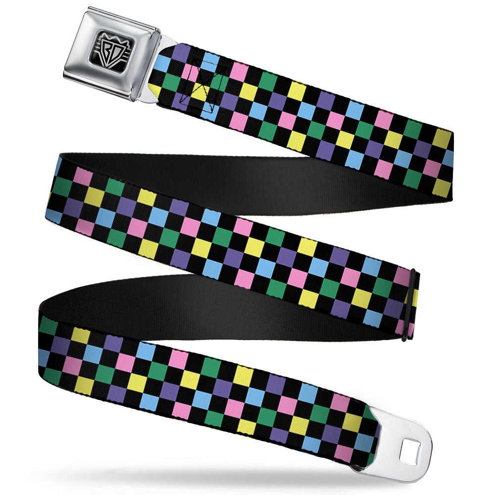 BD Wings Logo CLOSE-UP Full Color Black Silver Seatbelt Belt - Checker Black/Multi Pastel Webbing Seatbelt Belts Buckle-Down