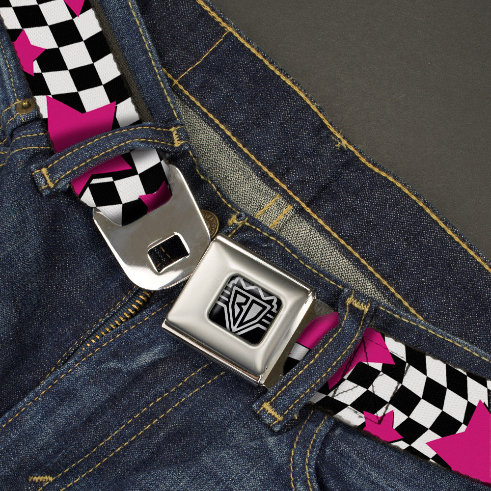 BD Wings Logo CLOSE-UP Full Color Black Silver Seatbelt Belt - Checker & Stars Black/White/Pink Webbing Seatbelt Belts Buckle-Down