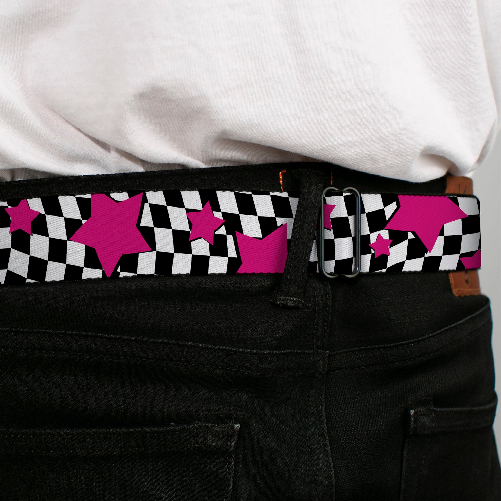 BD Wings Logo CLOSE-UP Full Color Black Silver Seatbelt Belt - Checker & Stars Black/White/Pink Webbing Seatbelt Belts Buckle-Down