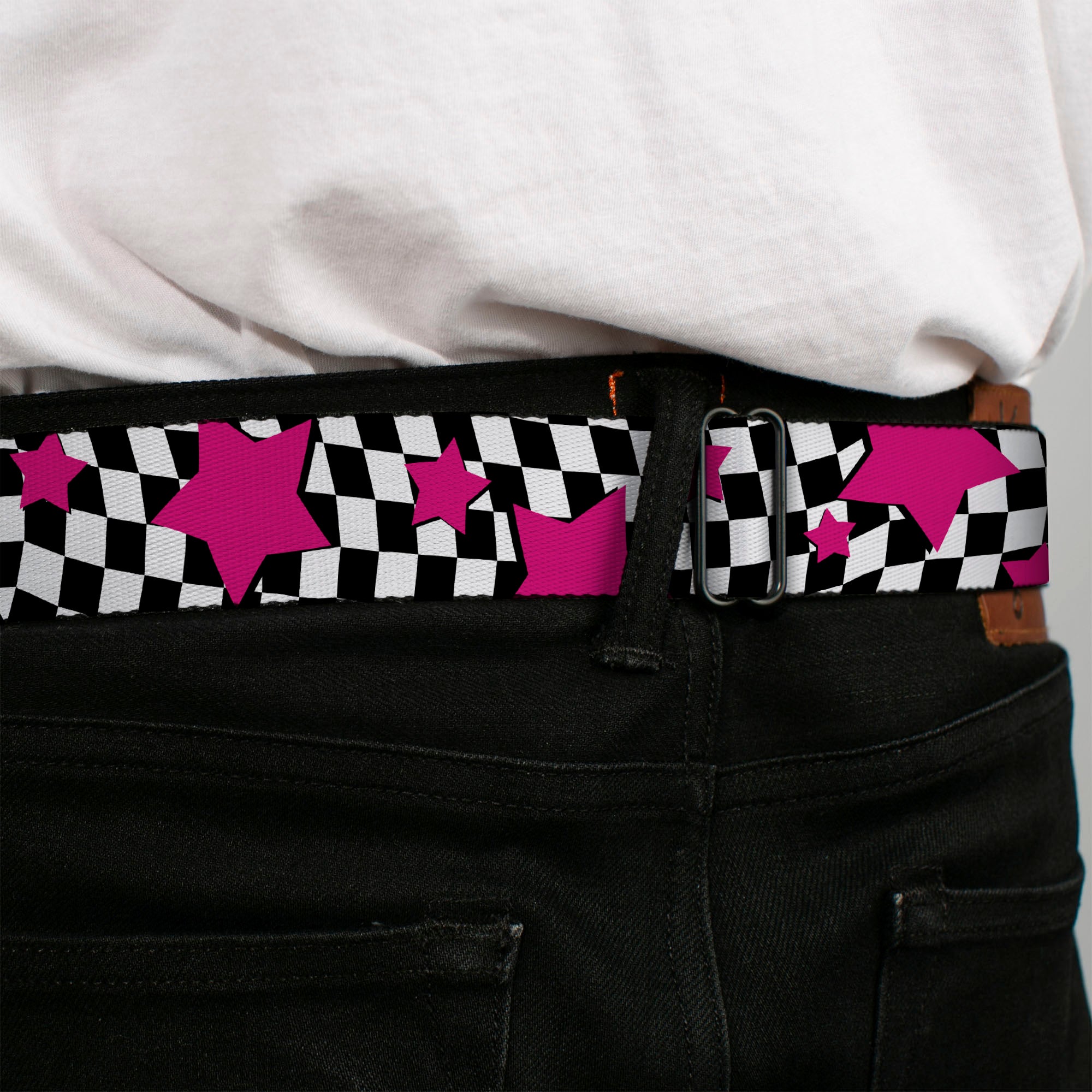 BD Wings Logo CLOSE-UP Full Color Black Silver Seatbelt Belt - Checker & Stars Black/White/Pink Webbing Seatbelt Belts Buckle-Down