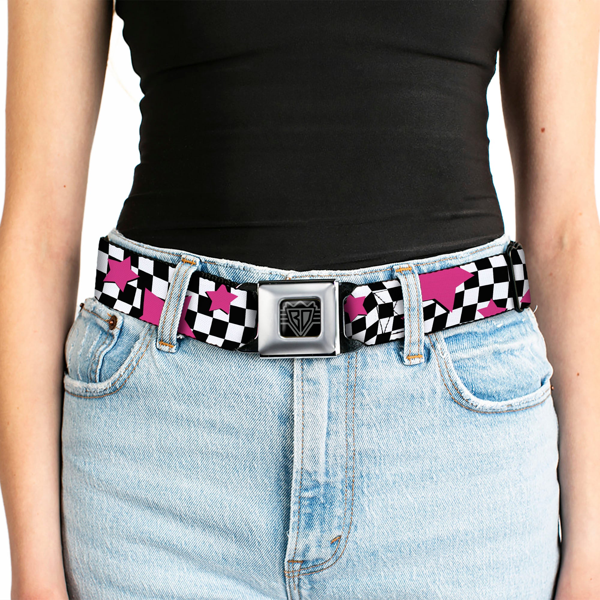 BD Wings Logo CLOSE-UP Full Color Black Silver Seatbelt Belt - Checker & Stars Black/White/Pink Webbing Seatbelt Belts Buckle-Down
