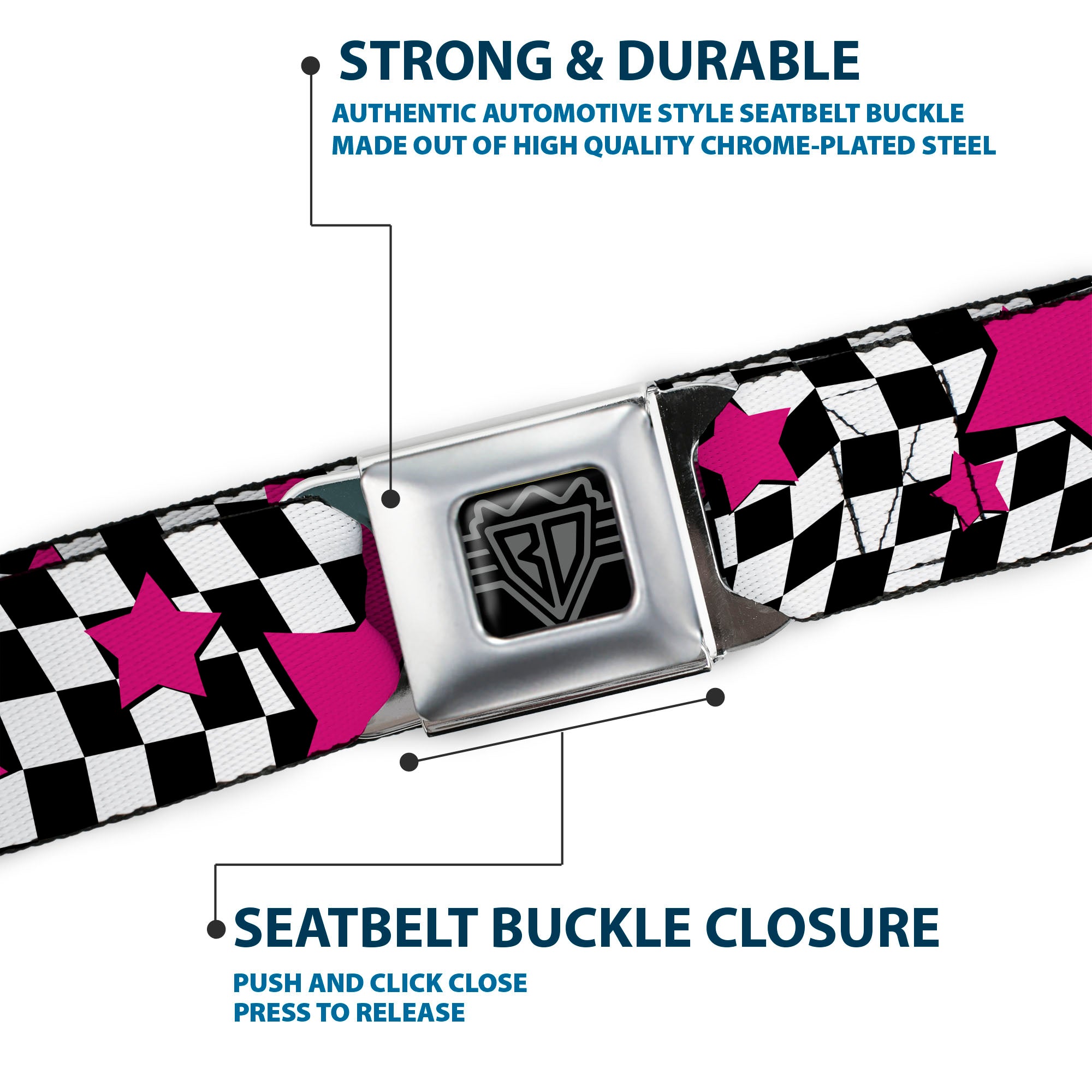BD Wings Logo CLOSE-UP Full Color Black Silver Seatbelt Belt - Checker & Stars Black/White/Pink Webbing Seatbelt Belts Buckle-Down