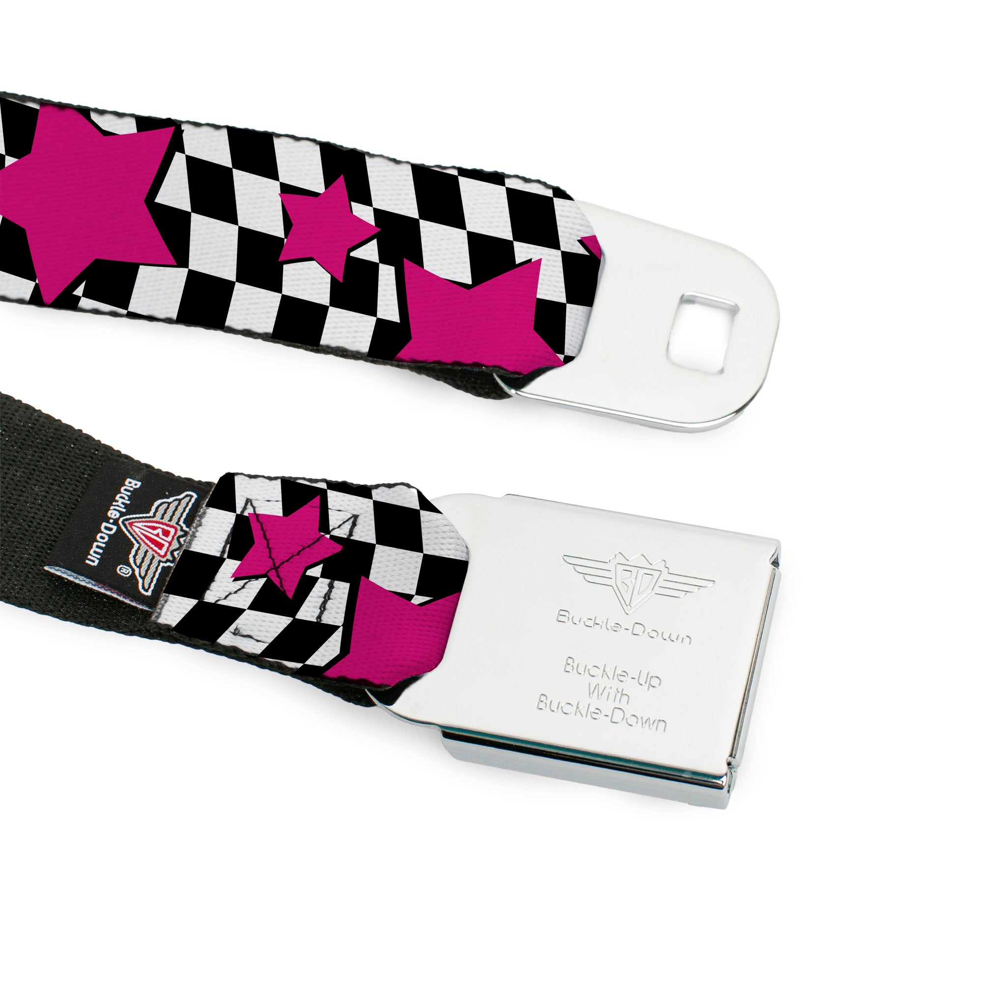 BD Wings Logo CLOSE-UP Full Color Black Silver Seatbelt Belt - Checker & Stars Black/White/Pink Webbing Seatbelt Belts Buckle-Down