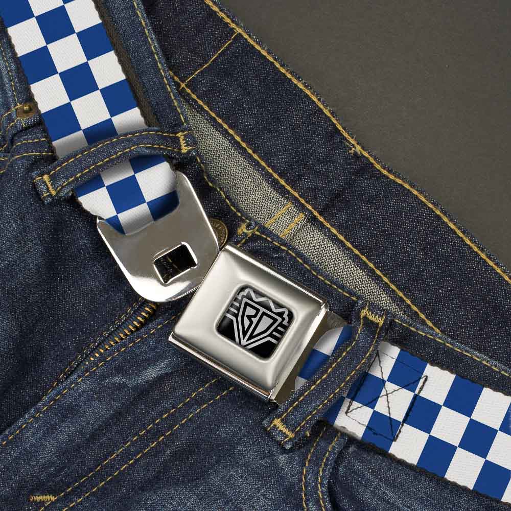BD Wings Logo CLOSE-UP Full Color Black Silver Seatbelt Belt - Checker BlueKU/White Webbing Seatbelt Belts Buckle-Down