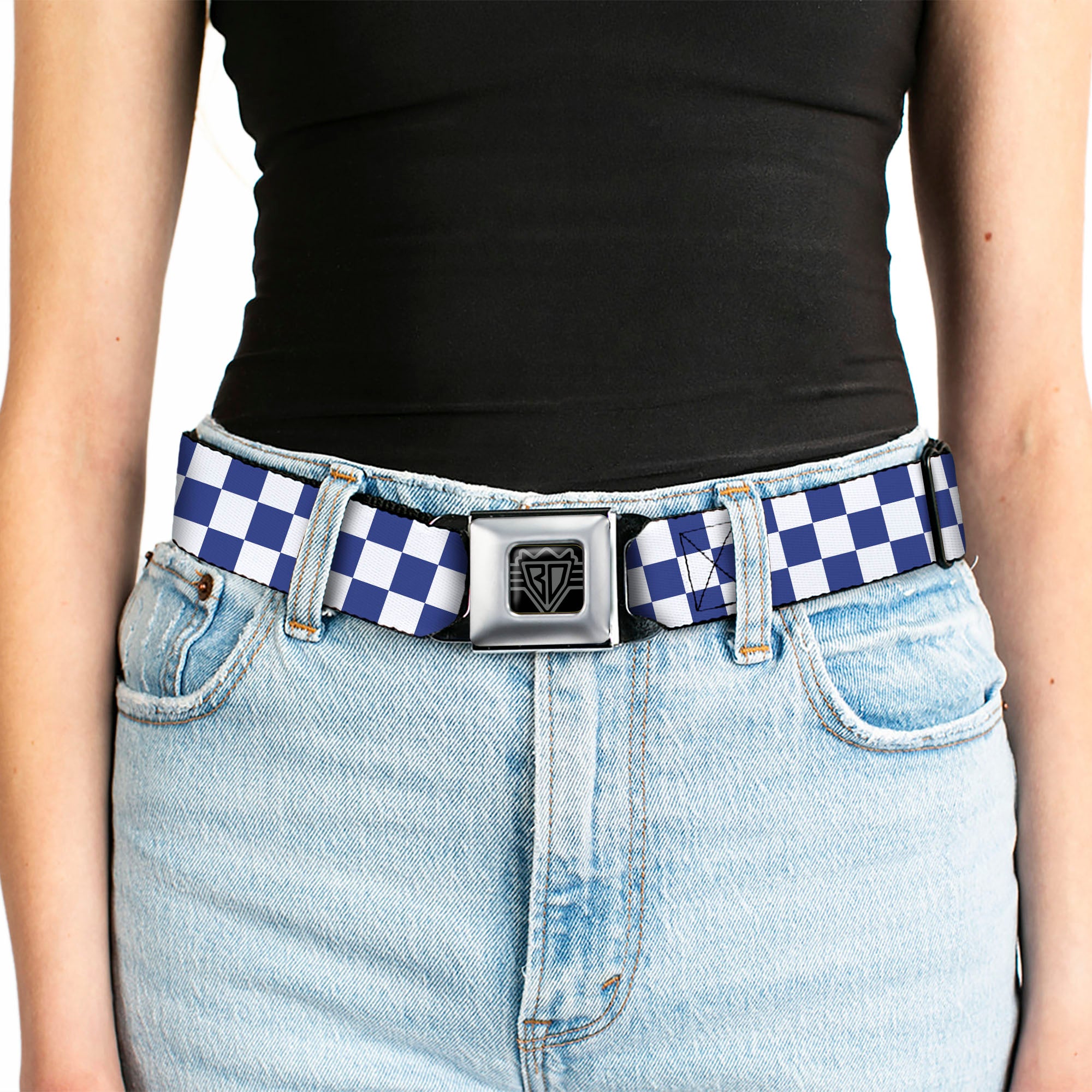 BD Wings Logo CLOSE-UP Full Color Black Silver Seatbelt Belt - Checker BlueKU/White Webbing Seatbelt Belts Buckle-Down