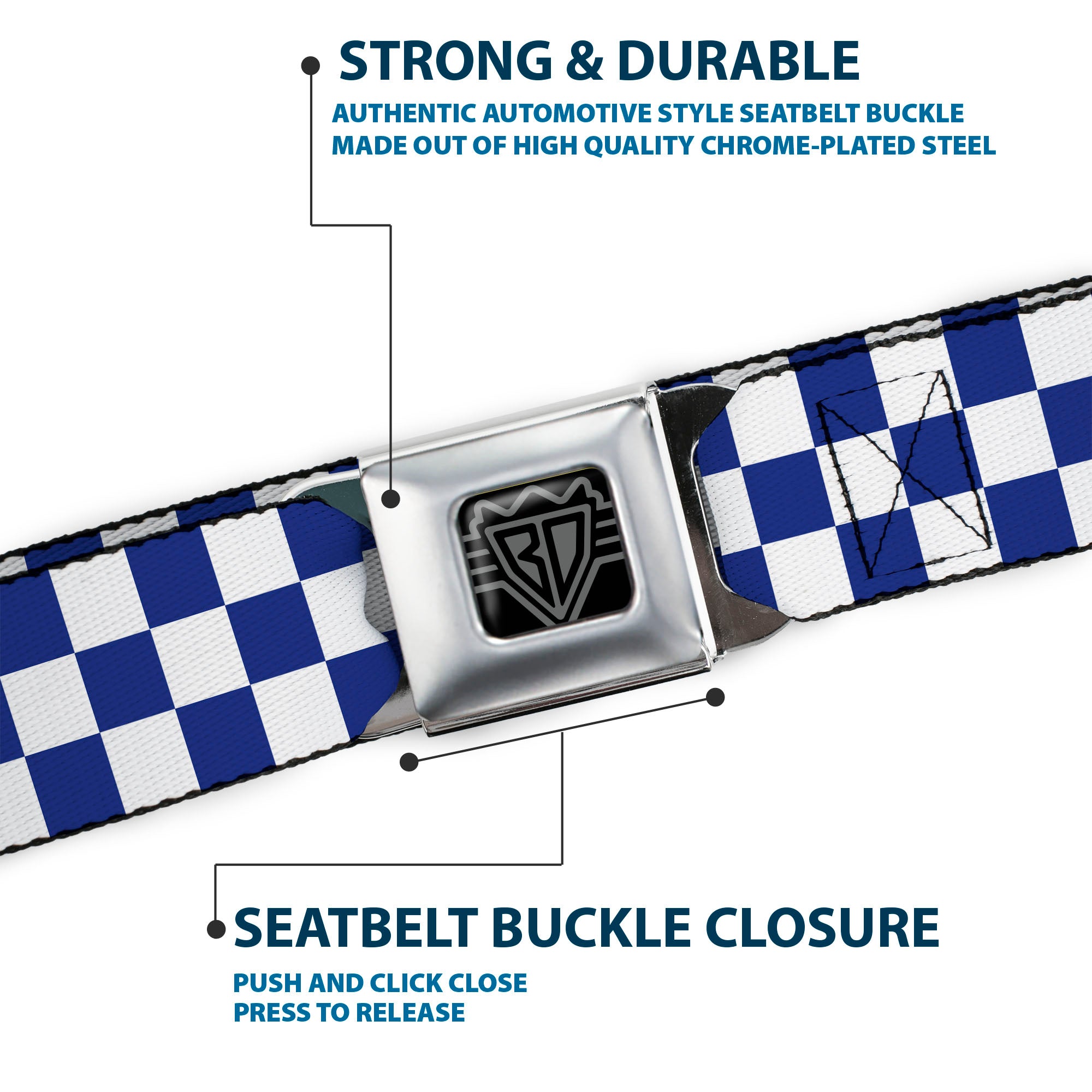BD Wings Logo CLOSE-UP Full Color Black Silver Seatbelt Belt - Checker BlueKU/White Webbing Seatbelt Belts Buckle-Down