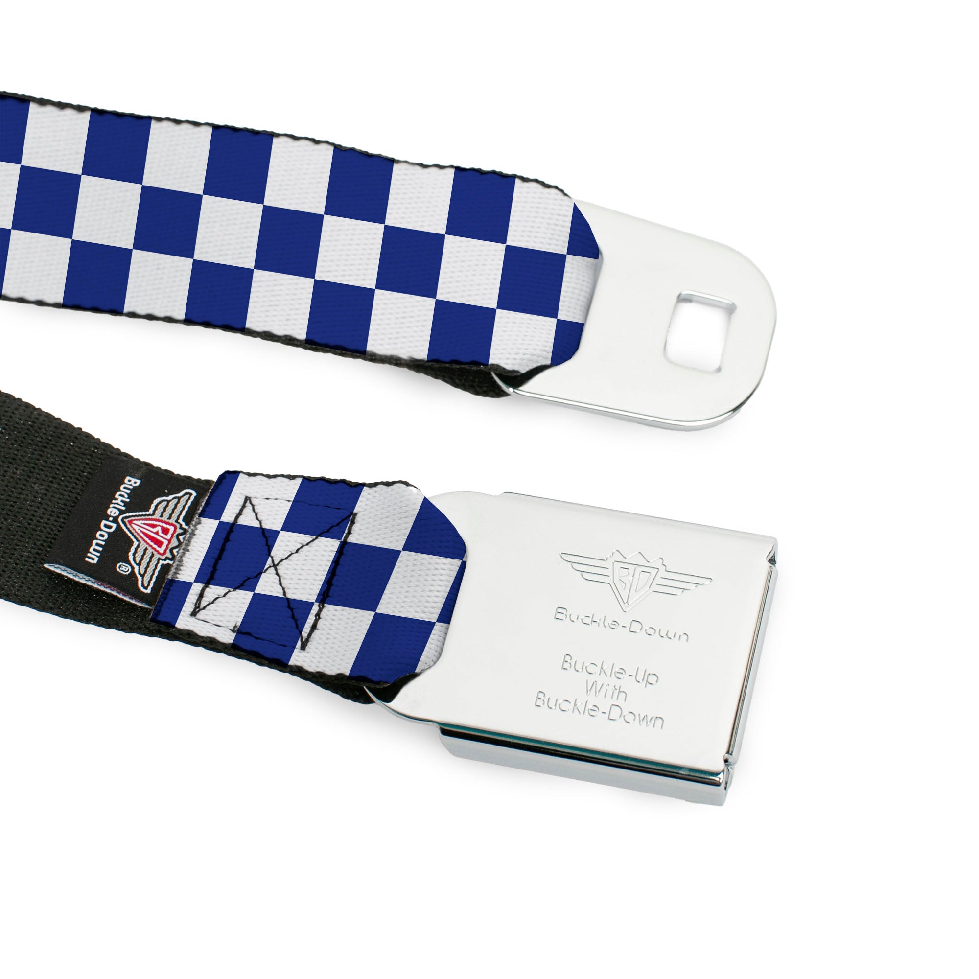 BD Wings Logo CLOSE-UP Full Color Black Silver Seatbelt Belt - Checker BlueKU/White Webbing Seatbelt Belts Buckle-Down