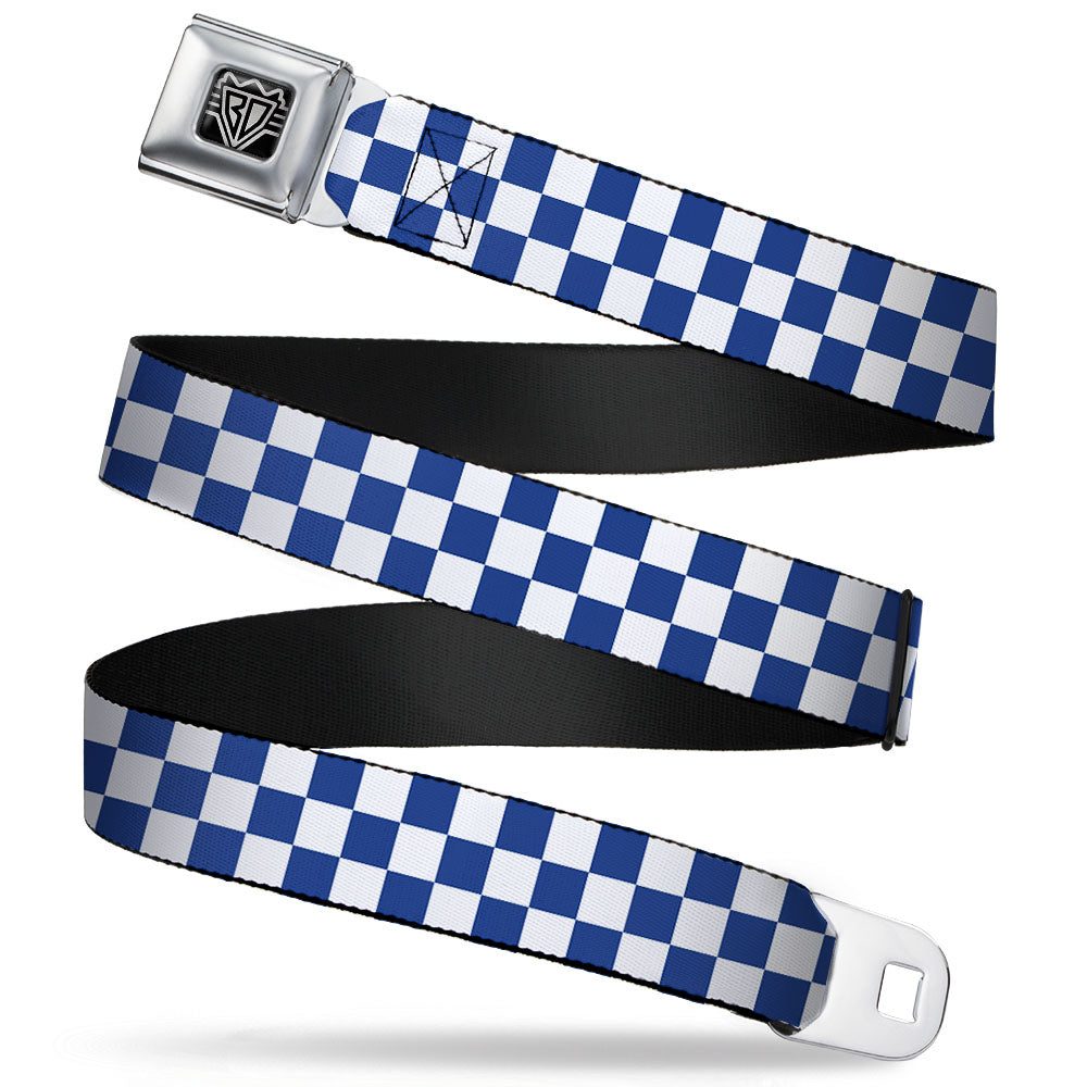 BD Wings Logo CLOSE-UP Full Color Black Silver Seatbelt Belt - Checker BlueKU/White Webbing Seatbelt Belts Buckle-Down