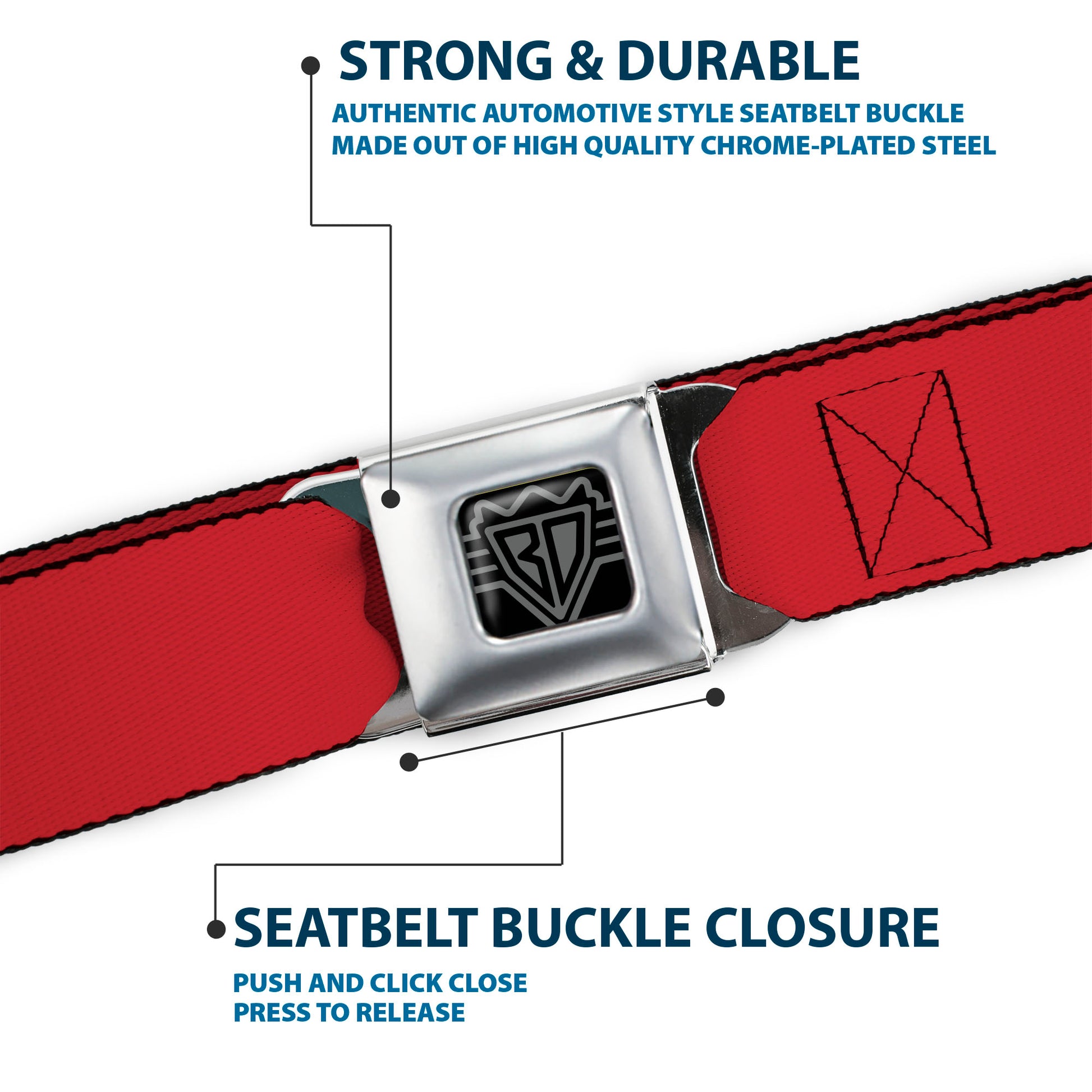 BD Wings Logo CLOSE-UP Full Color Black Silver Seatbelt Belt - Christmas Red Webbing Seatbelt Belts Buckle-Down