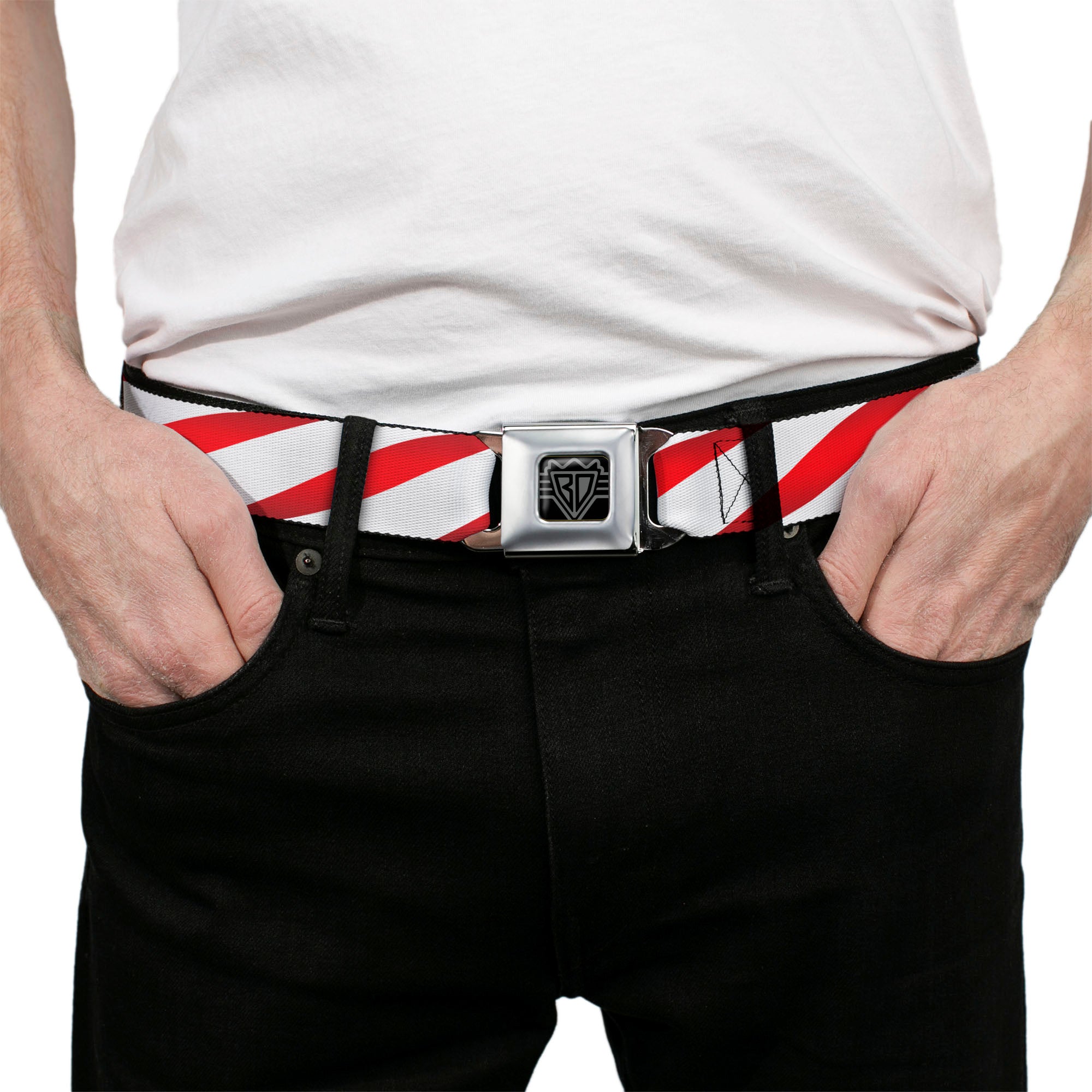BD Wings Logo CLOSE-UP Full Color Black Silver Seatbelt Belt - Candy Cane Webbing Seatbelt Belts Buckle-Down