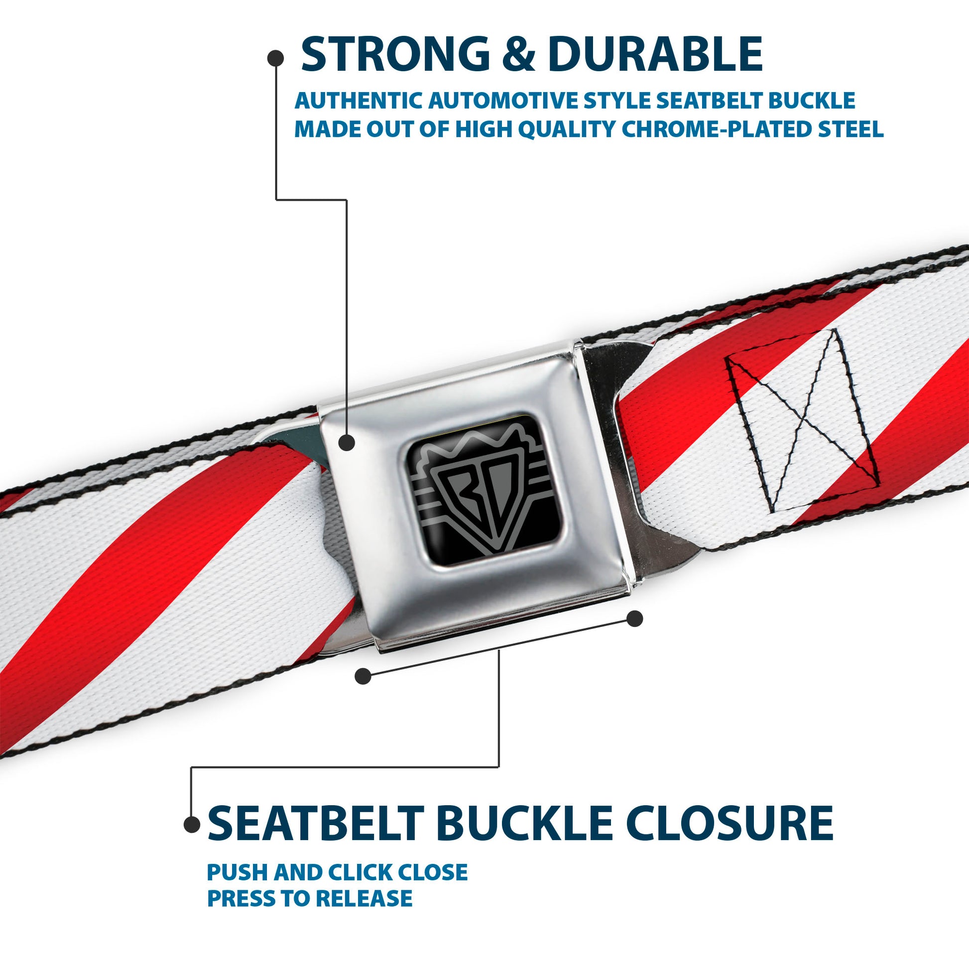 BD Wings Logo CLOSE-UP Full Color Black Silver Seatbelt Belt - Candy Cane Webbing Seatbelt Belts Buckle-Down