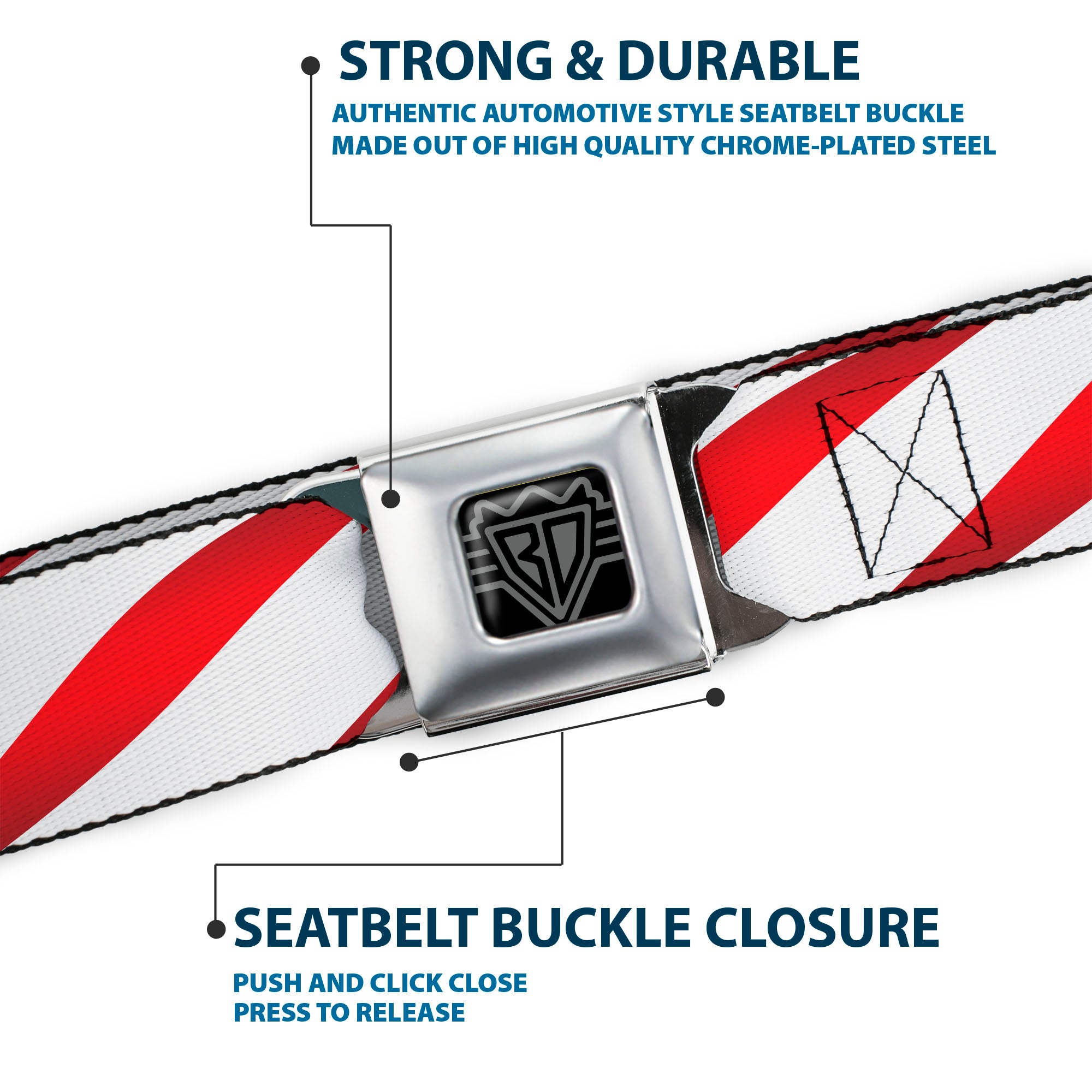 BD Wings Logo CLOSE-UP Full Color Black Silver Seatbelt Belt - Candy Cane Webbing Seatbelt Belts Buckle-Down