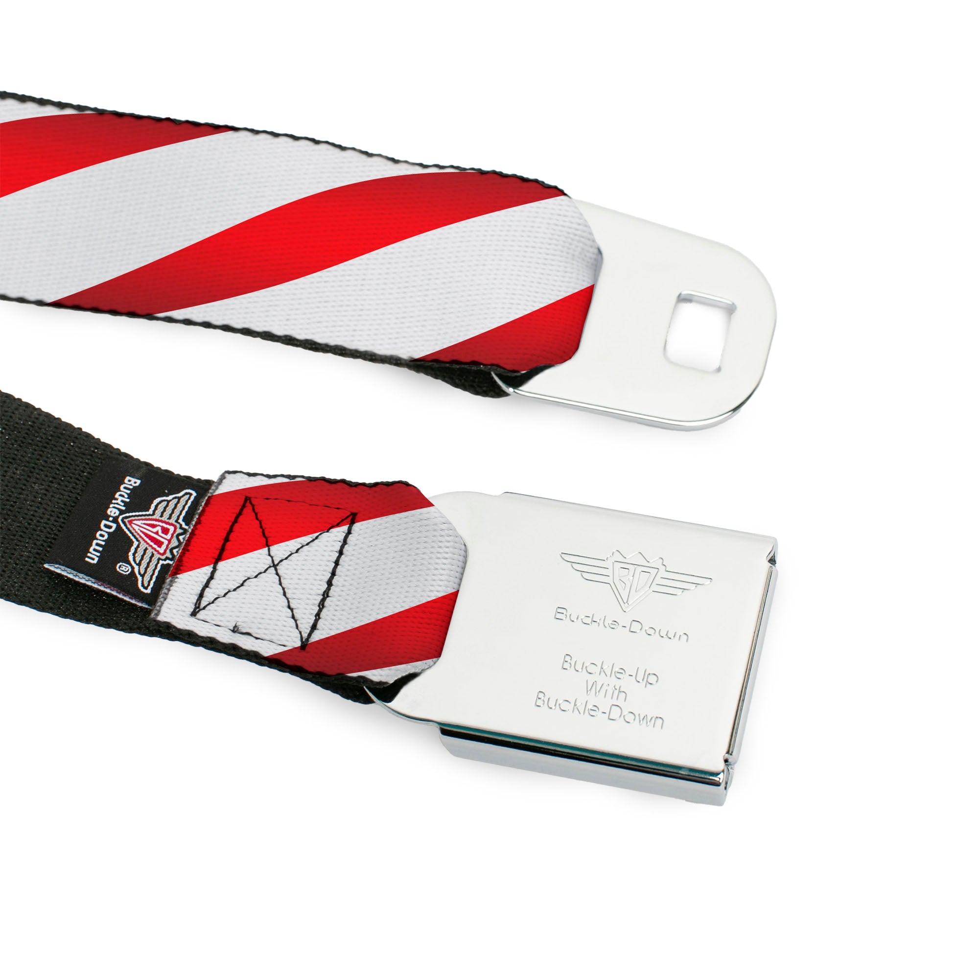 BD Wings Logo CLOSE-UP Full Color Black Silver Seatbelt Belt - Candy Cane Webbing Seatbelt Belts Buckle-Down