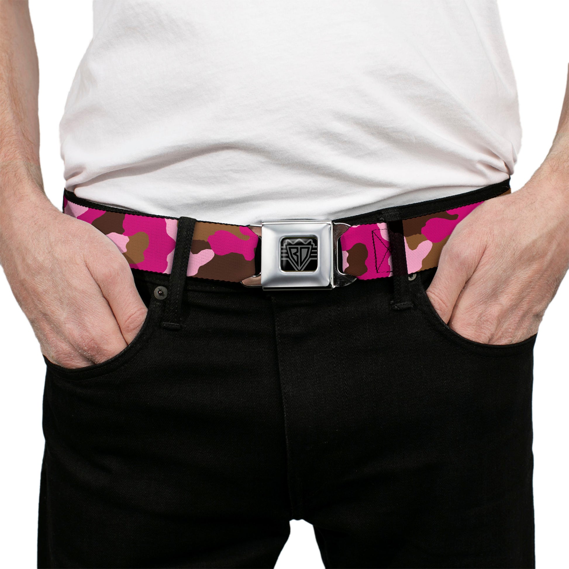 BD Wings Logo CLOSE-UP Full Color Black Silver Seatbelt Belt - Camo Pink Webbing Seatbelt Belts Buckle-Down