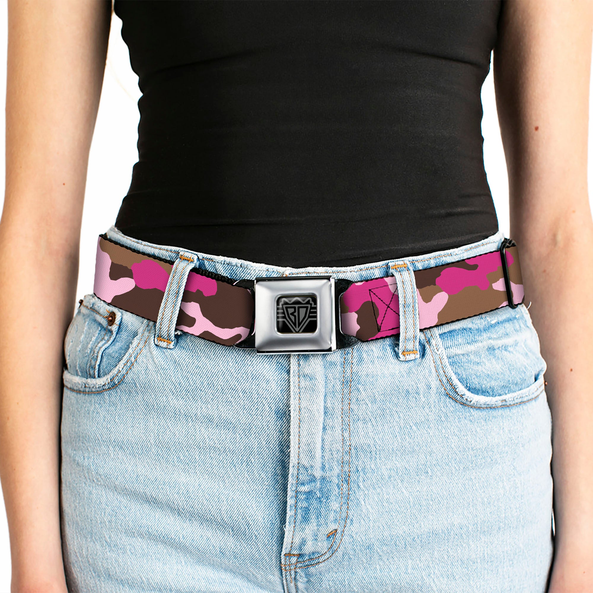 BD Wings Logo CLOSE-UP Full Color Black Silver Seatbelt Belt - Camo Pink Webbing Seatbelt Belts Buckle-Down