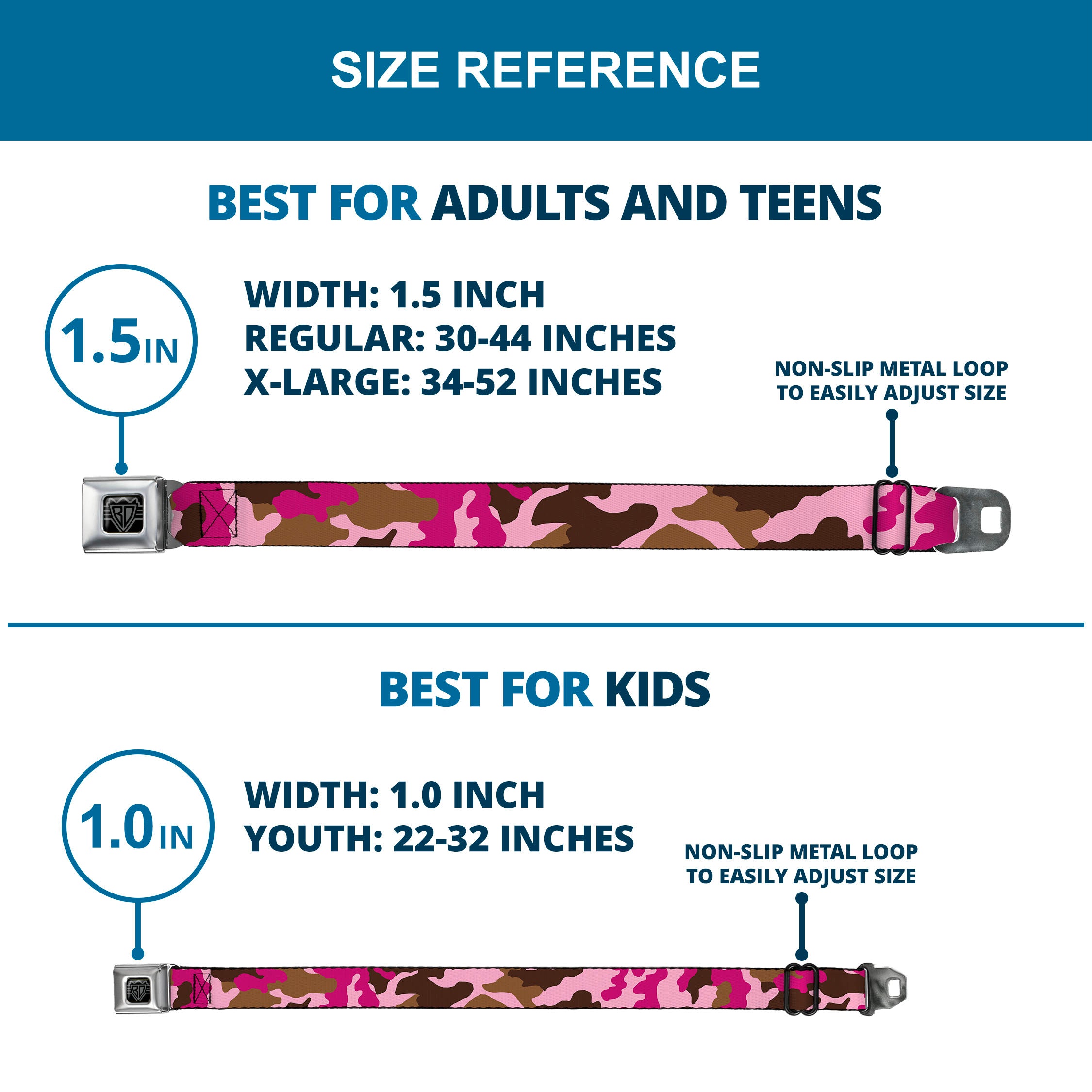 BD Wings Logo CLOSE-UP Full Color Black Silver Seatbelt Belt - Camo Pink Webbing Seatbelt Belts Buckle-Down