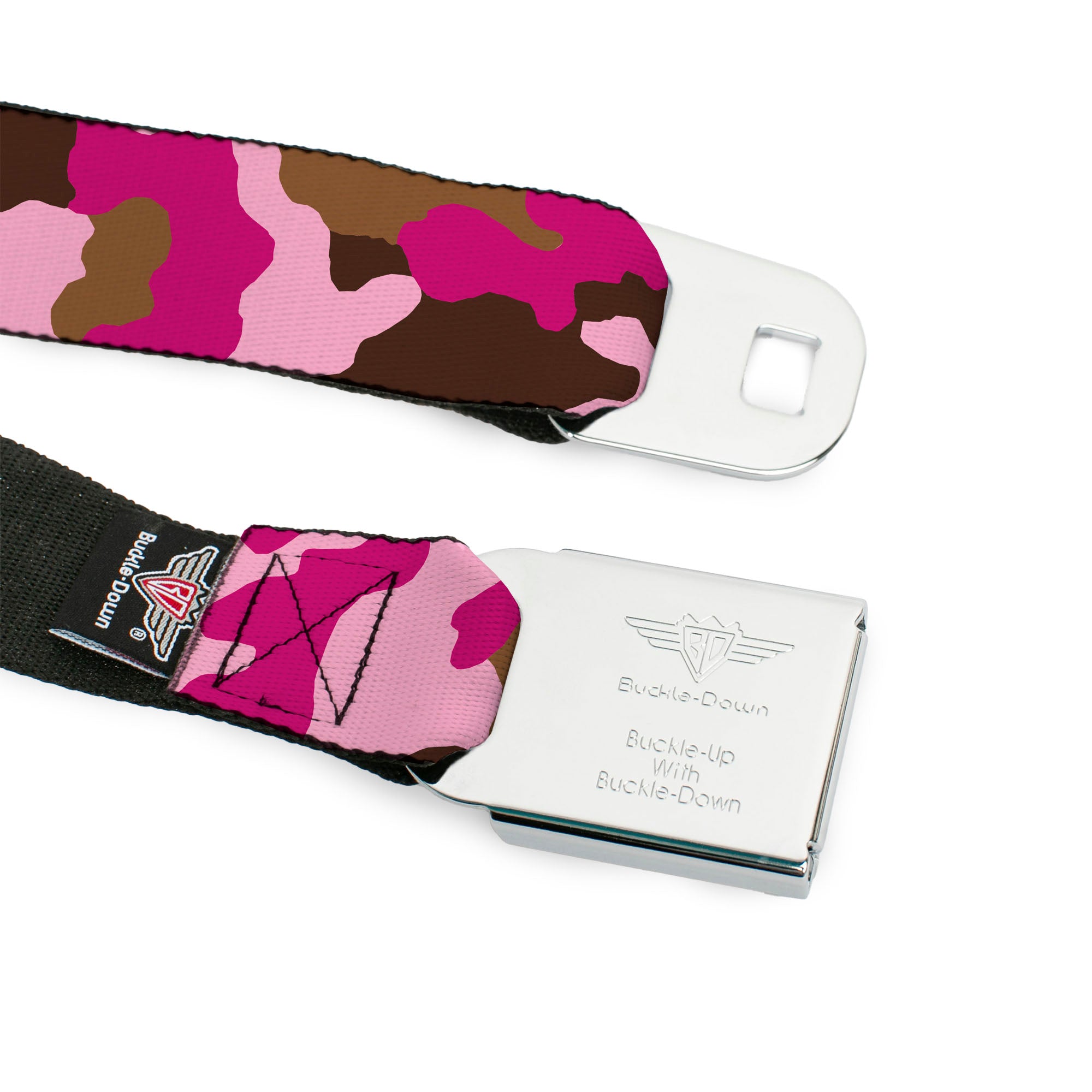 BD Wings Logo CLOSE-UP Full Color Black Silver Seatbelt Belt - Camo Pink Webbing Seatbelt Belts Buckle-Down