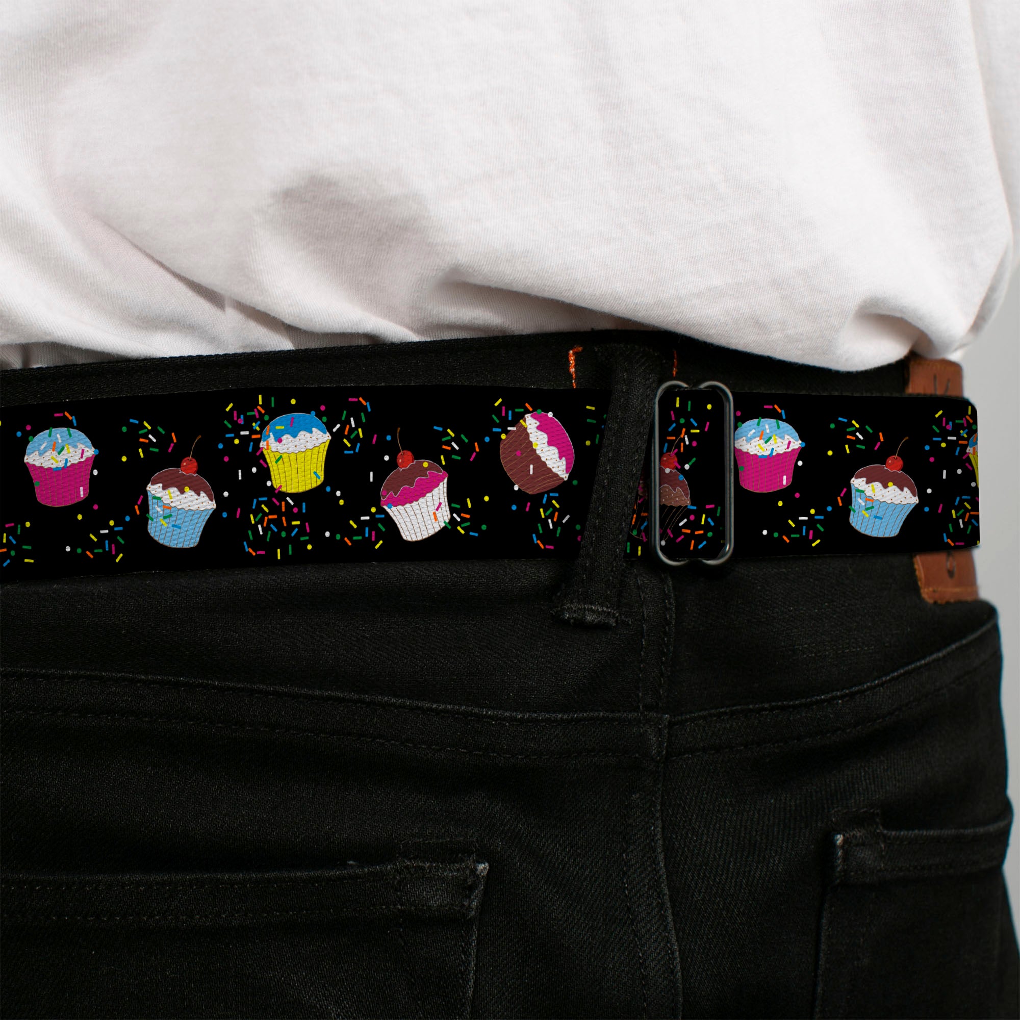 BD Wings Logo CLOSE-UP Full Color Black Silver Seatbelt Belt - Cupcake Sprinkles Black/Multi Color Webbing Seatbelt Belts Buckle-Down
