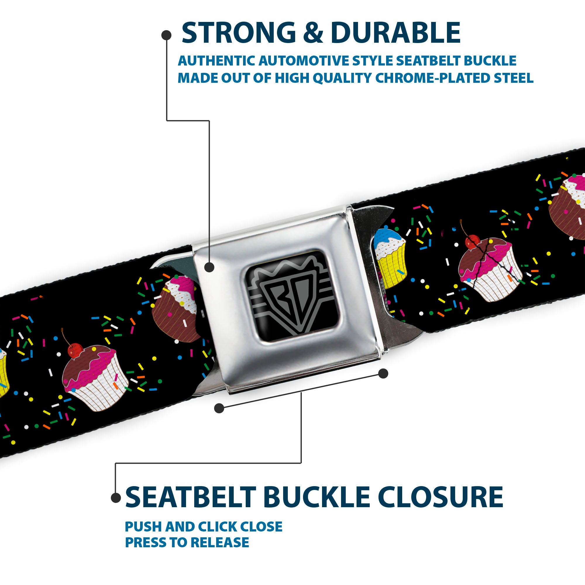 BD Wings Logo CLOSE-UP Full Color Black Silver Seatbelt Belt - Cupcake Sprinkles Black/Multi Color Webbing Seatbelt Belts Buckle-Down