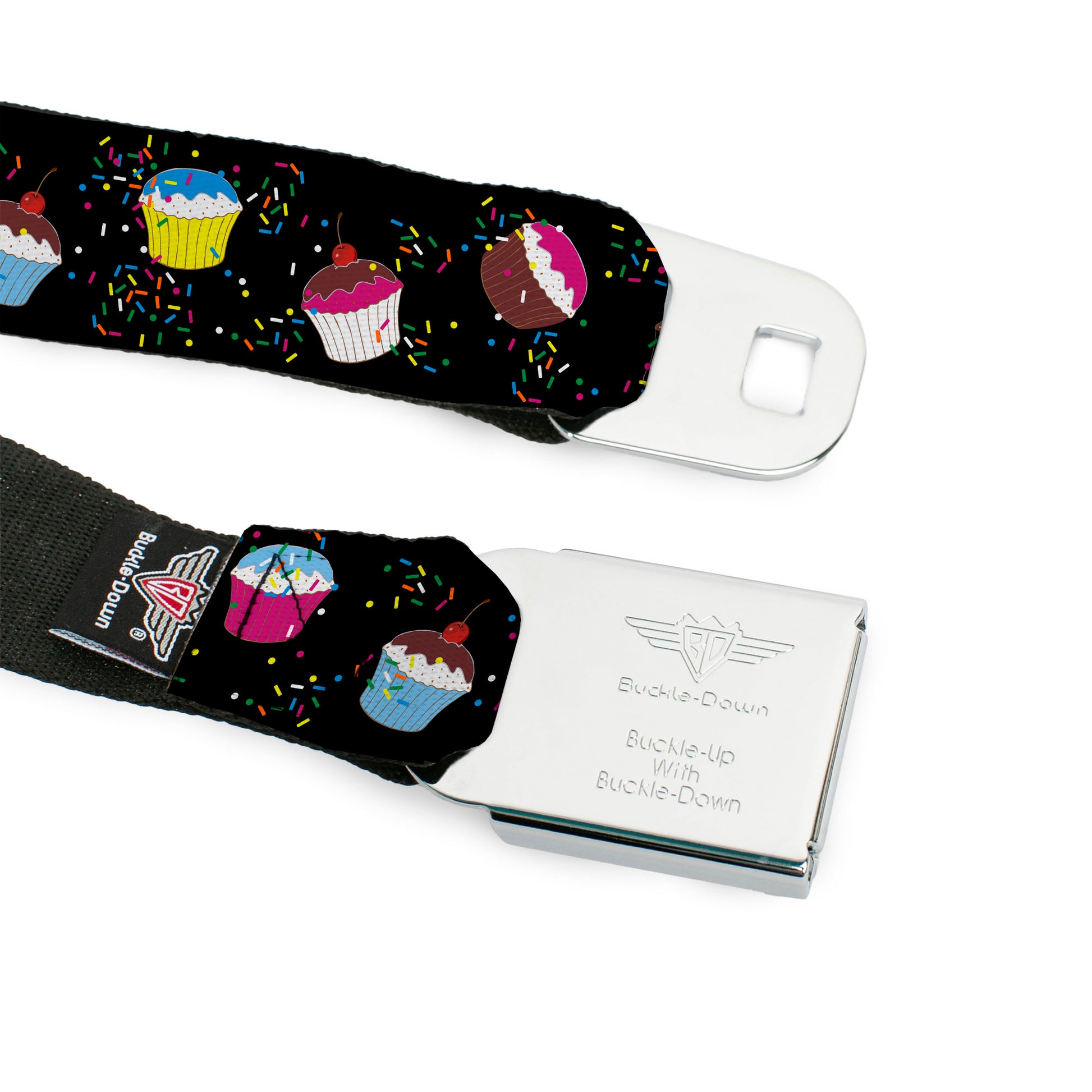 BD Wings Logo CLOSE-UP Full Color Black Silver Seatbelt Belt - Cupcake Sprinkles Black/Multi Color Webbing Seatbelt Belts Buckle-Down