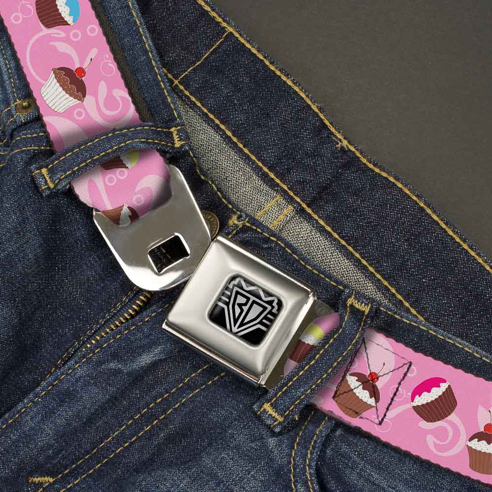 BD Wings Logo CLOSE-UP Full Color Black Silver Seatbelt Belt - Cupcake Swirls Pink/Multi Color Webbing Seatbelt Belts Buckle-Down