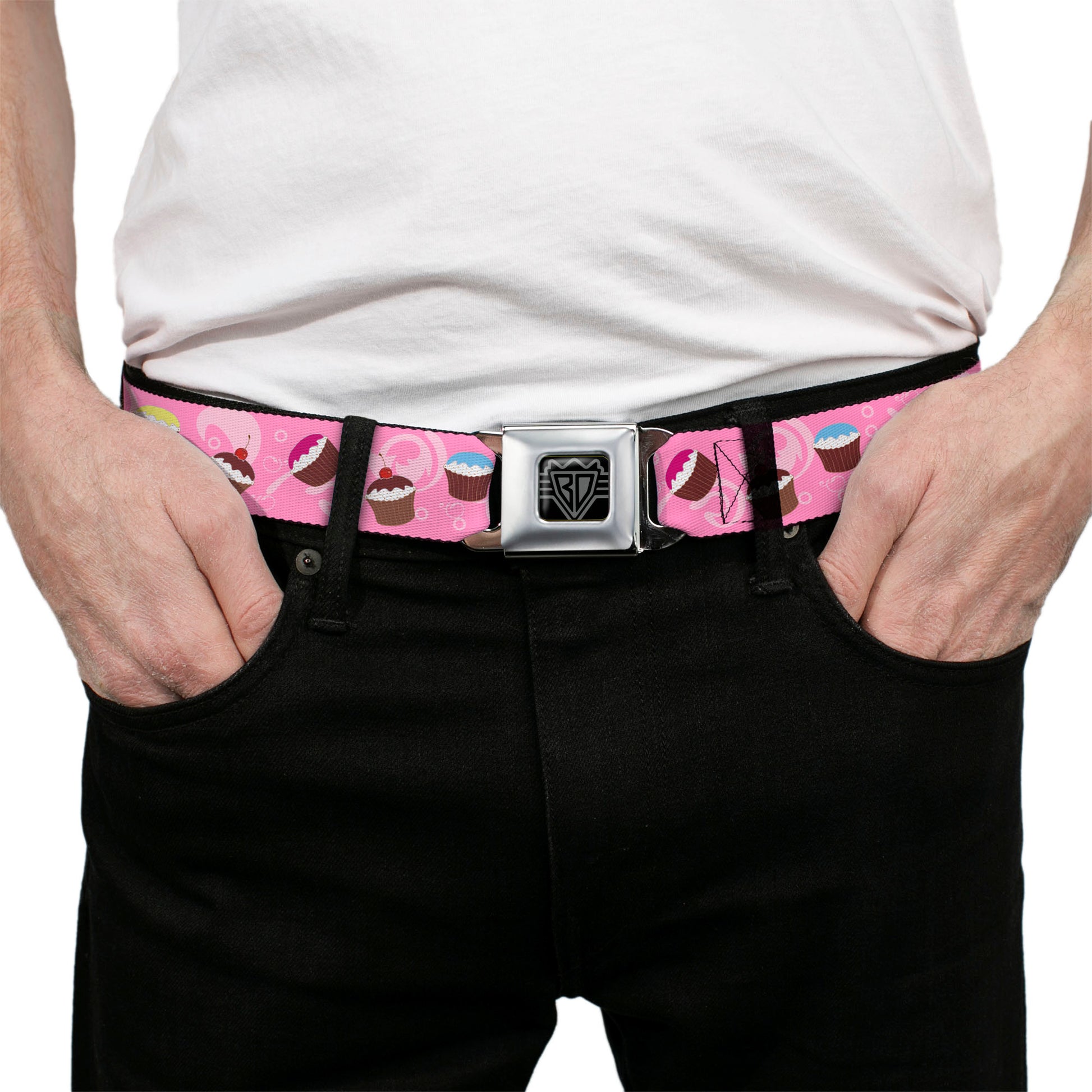 BD Wings Logo CLOSE-UP Full Color Black Silver Seatbelt Belt - Cupcake Swirls Pink/Multi Color Webbing Seatbelt Belts Buckle-Down