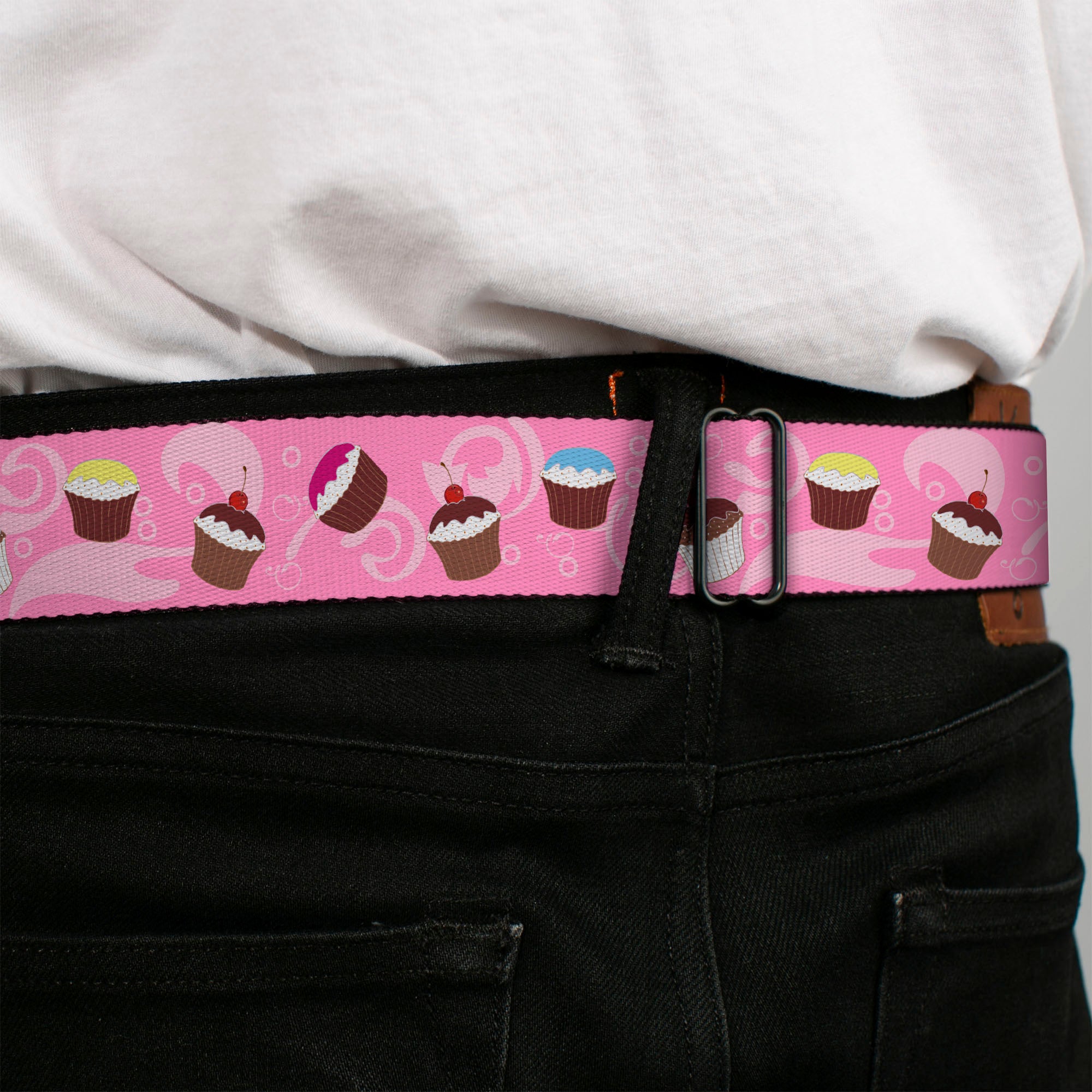 BD Wings Logo CLOSE-UP Full Color Black Silver Seatbelt Belt - Cupcake Swirls Pink/Multi Color Webbing Seatbelt Belts Buckle-Down