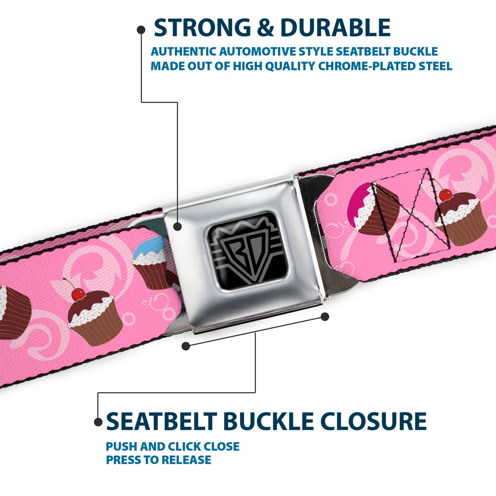 BD Wings Logo CLOSE-UP Full Color Black Silver Seatbelt Belt - Cupcake Swirls Pink/Multi Color Webbing Seatbelt Belts Buckle-Down