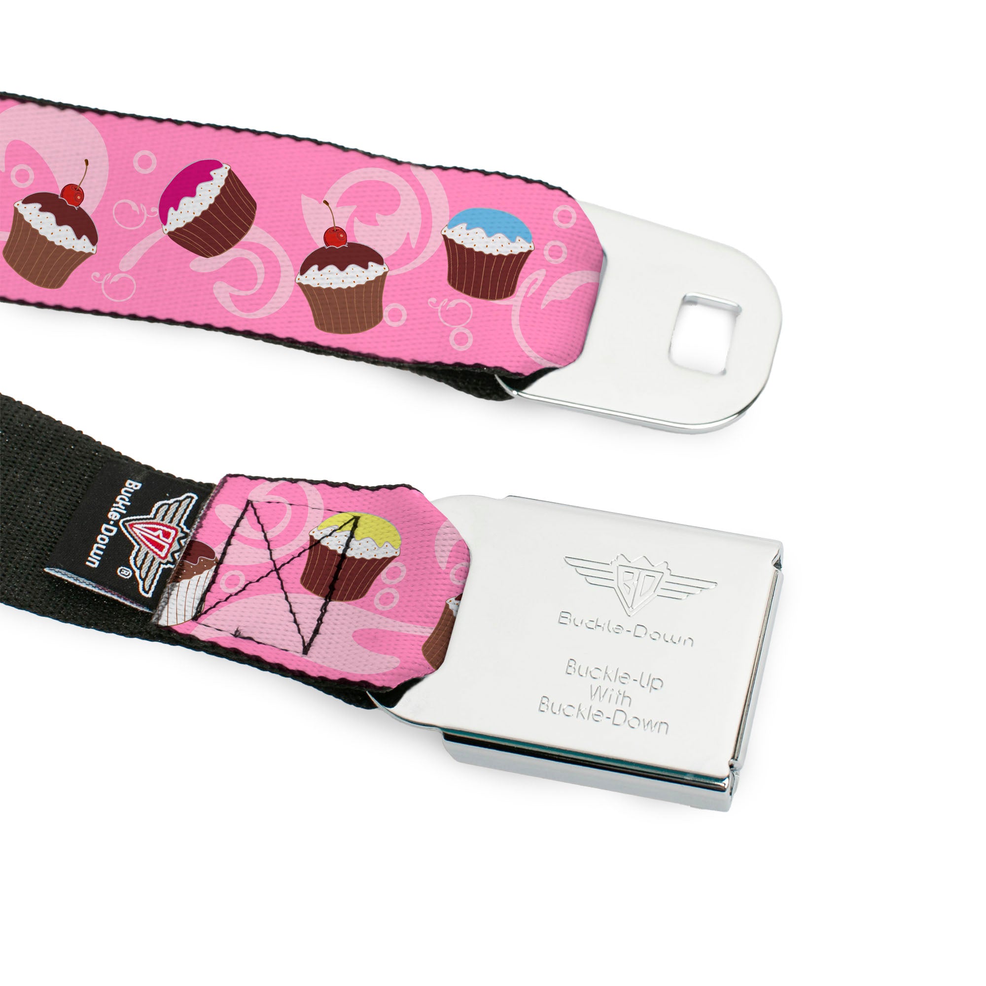 BD Wings Logo CLOSE-UP Full Color Black Silver Seatbelt Belt - Cupcake Swirls Pink/Multi Color Webbing Seatbelt Belts Buckle-Down