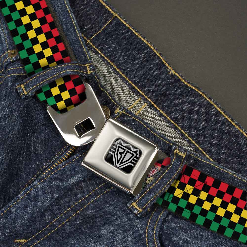 BD Wings Logo CLOSE-UP Full Color Black Silver Seatbelt Belt - Checker Black/Rasta Webbing Seatbelt Belts Buckle-Down