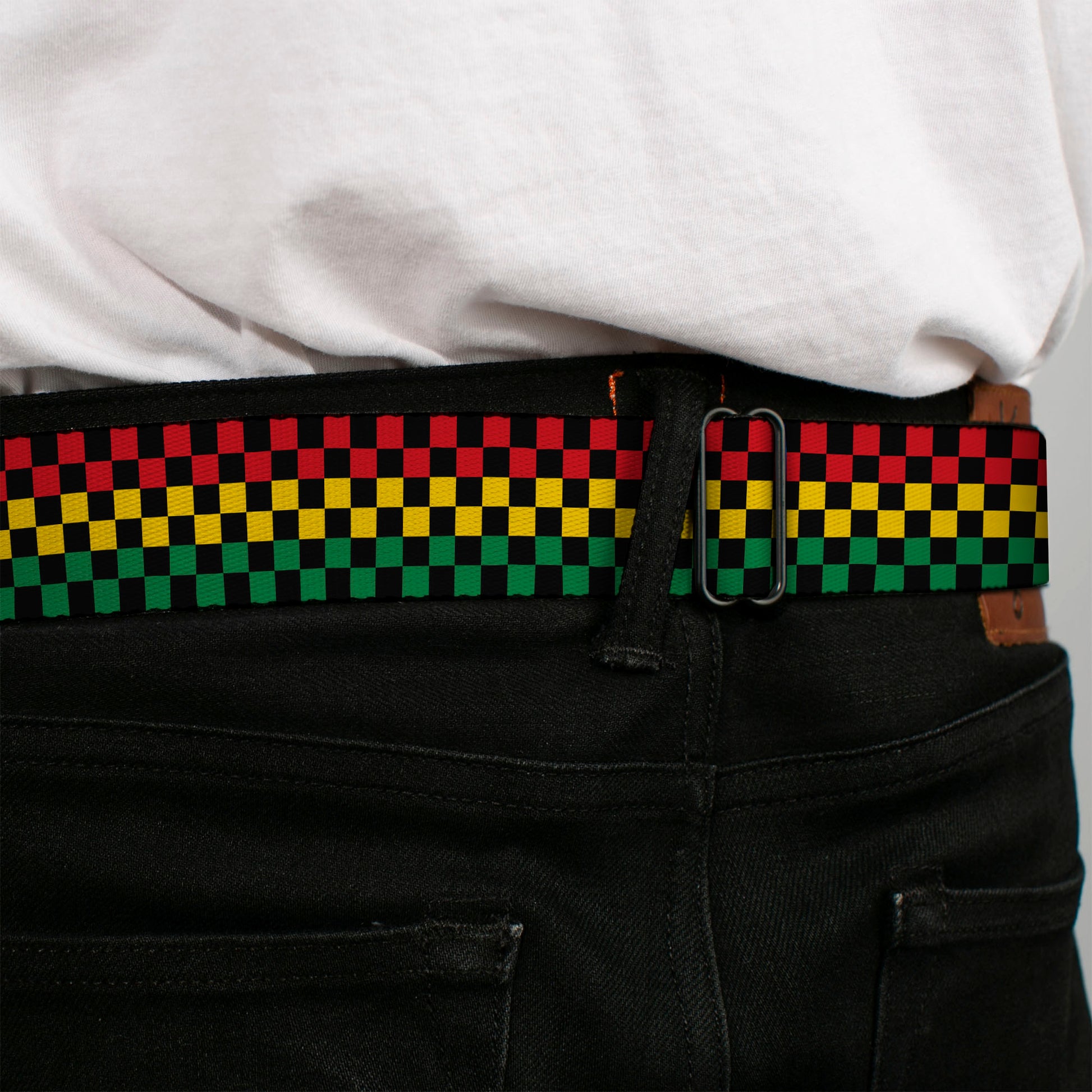 BD Wings Logo CLOSE-UP Full Color Black Silver Seatbelt Belt - Checker Black/Rasta Webbing Seatbelt Belts Buckle-Down