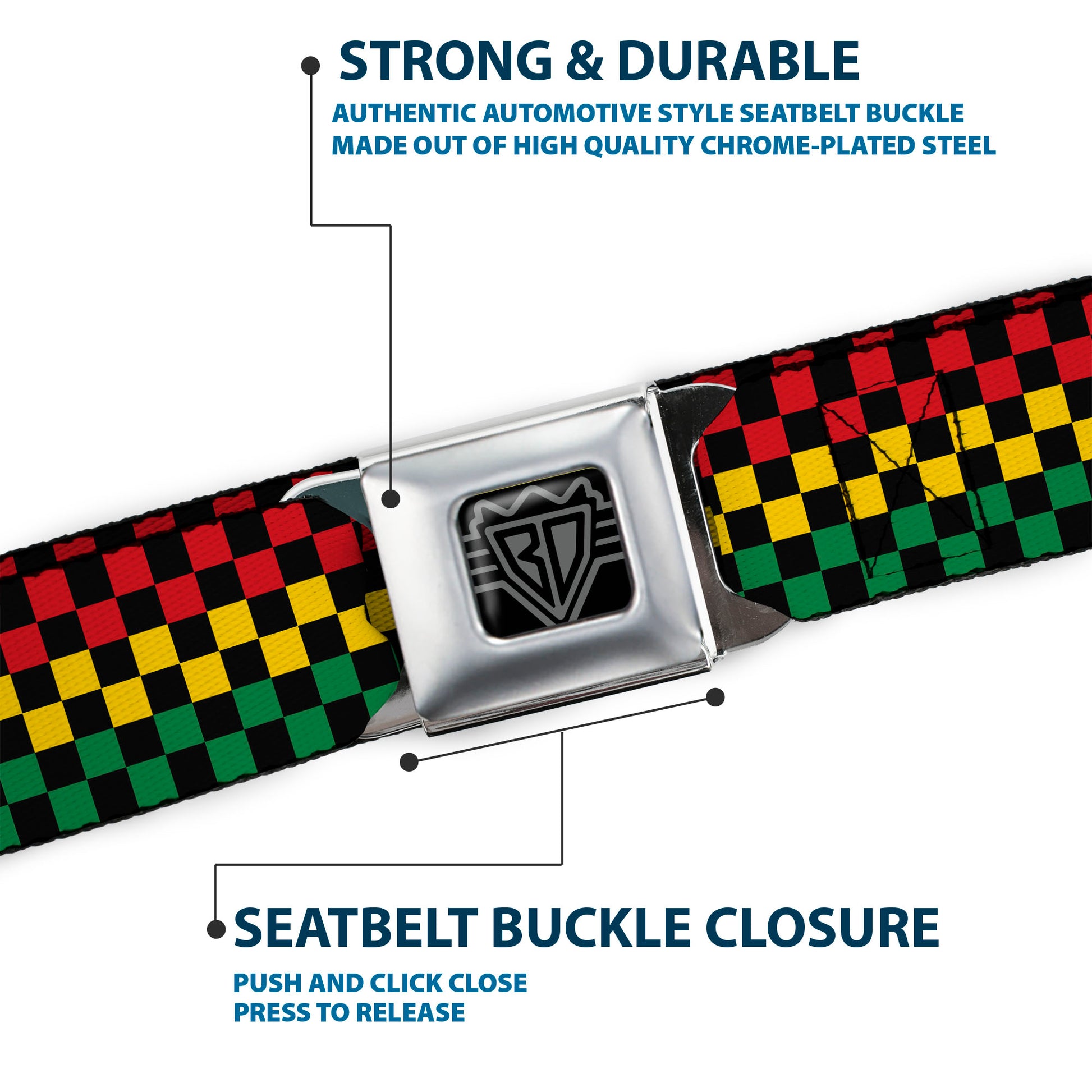 BD Wings Logo CLOSE-UP Full Color Black Silver Seatbelt Belt - Checker Black/Rasta Webbing Seatbelt Belts Buckle-Down