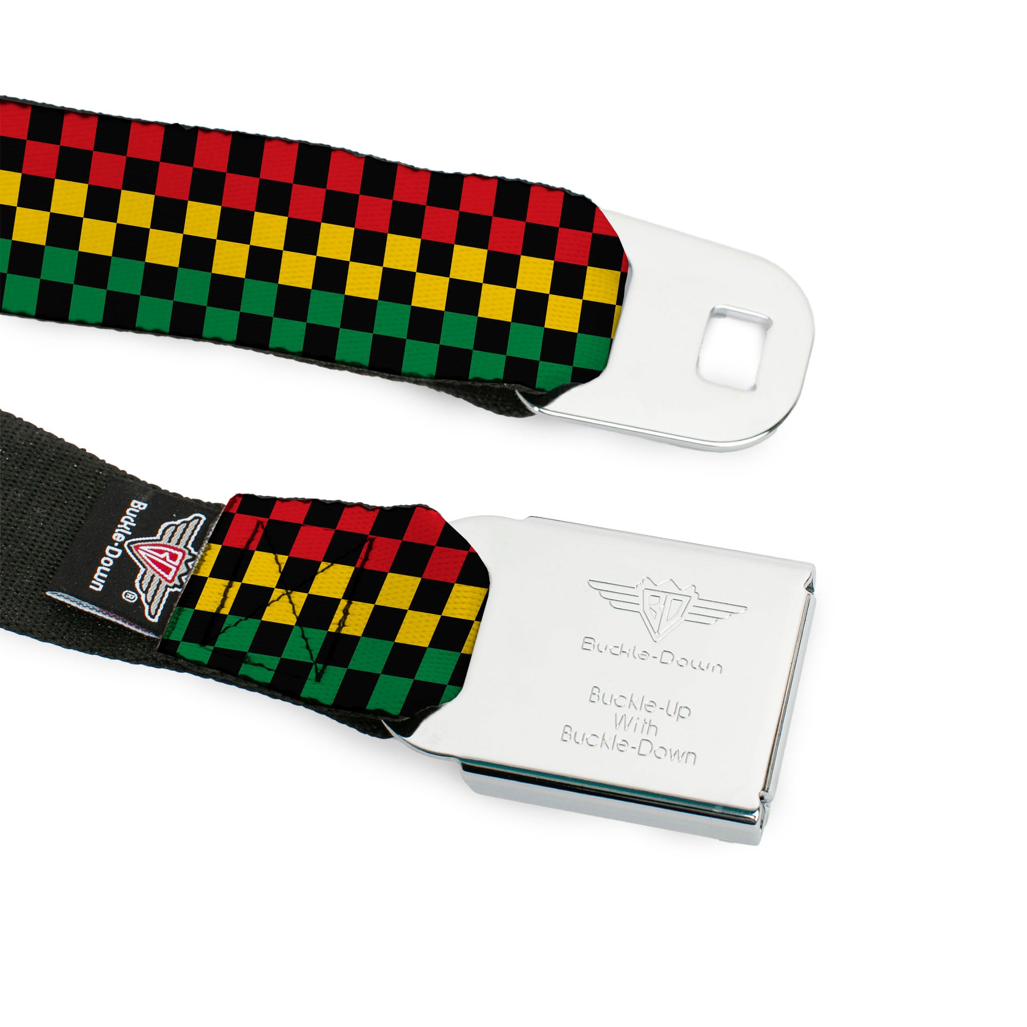 BD Wings Logo CLOSE-UP Full Color Black Silver Seatbelt Belt - Checker Black/Rasta Webbing Seatbelt Belts Buckle-Down