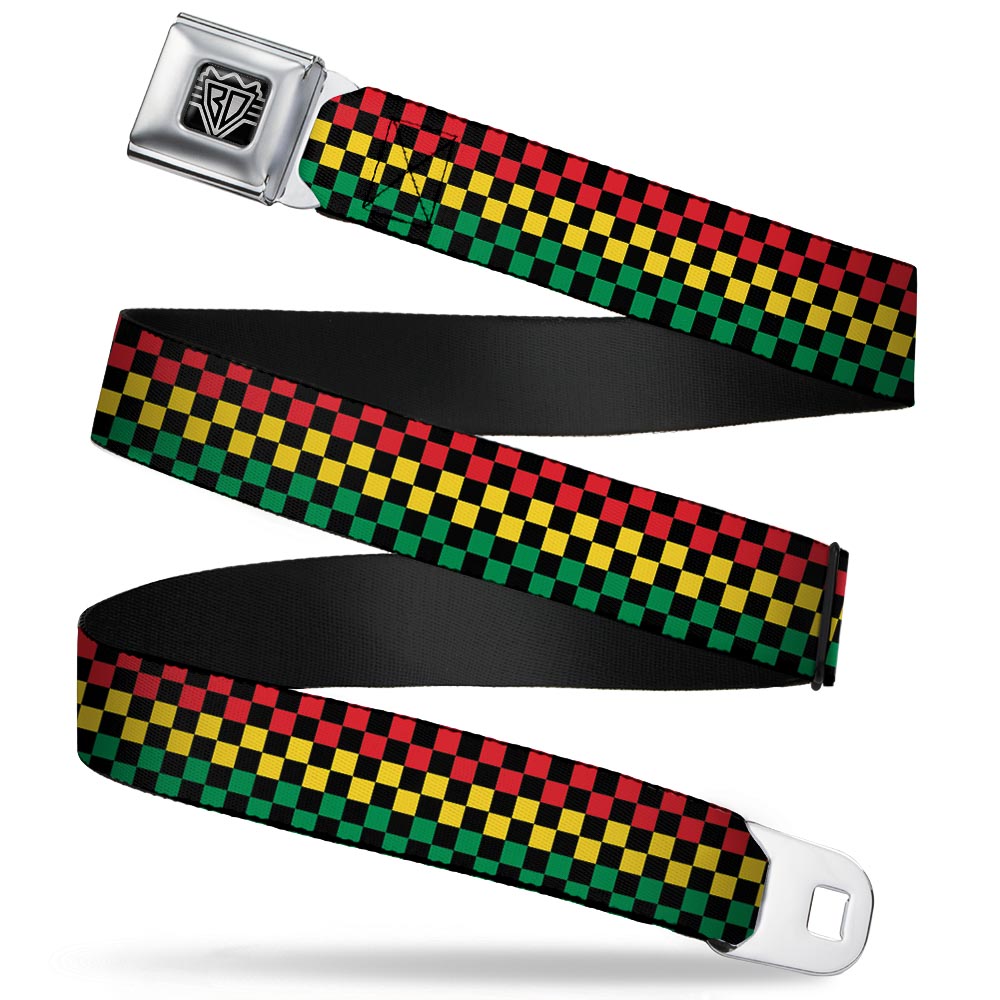 BD Wings Logo CLOSE-UP Full Color Black Silver Seatbelt Belt - Checker Black/Rasta Webbing Seatbelt Belts Buckle-Down