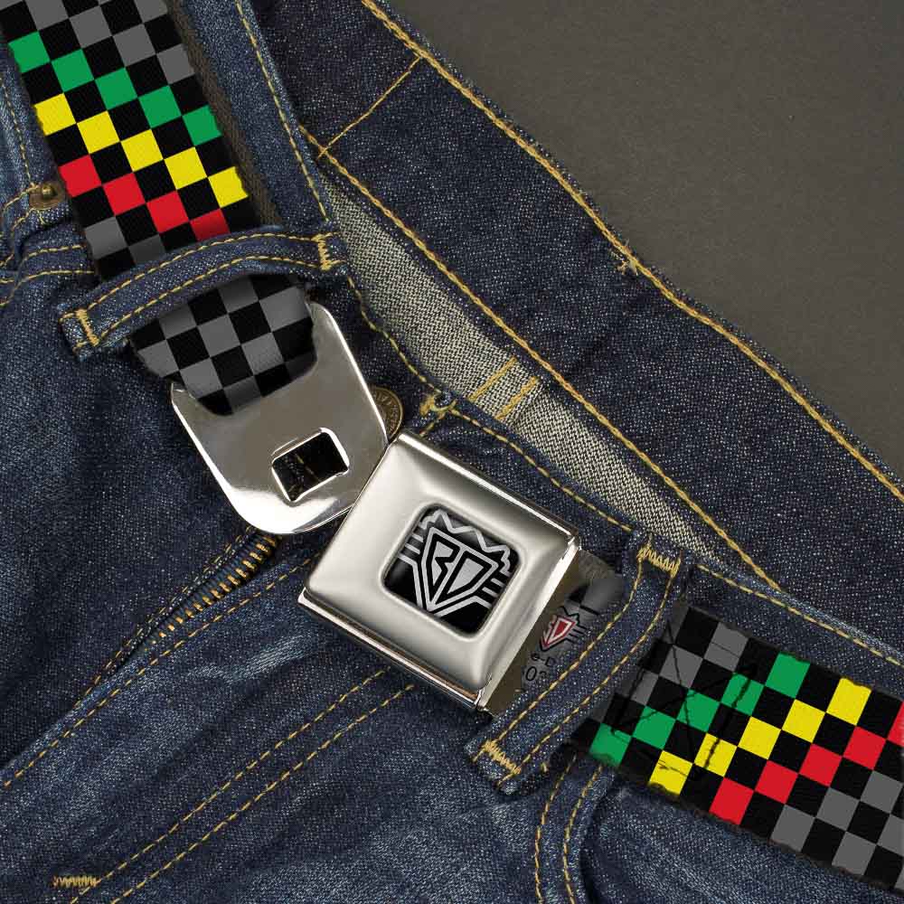 BD Wings Logo CLOSE-UP Full Color Black Silver Seatbelt Belt - Checker Stripe Black/Gray/Rasta Webbing Seatbelt Belts Buckle-Down
