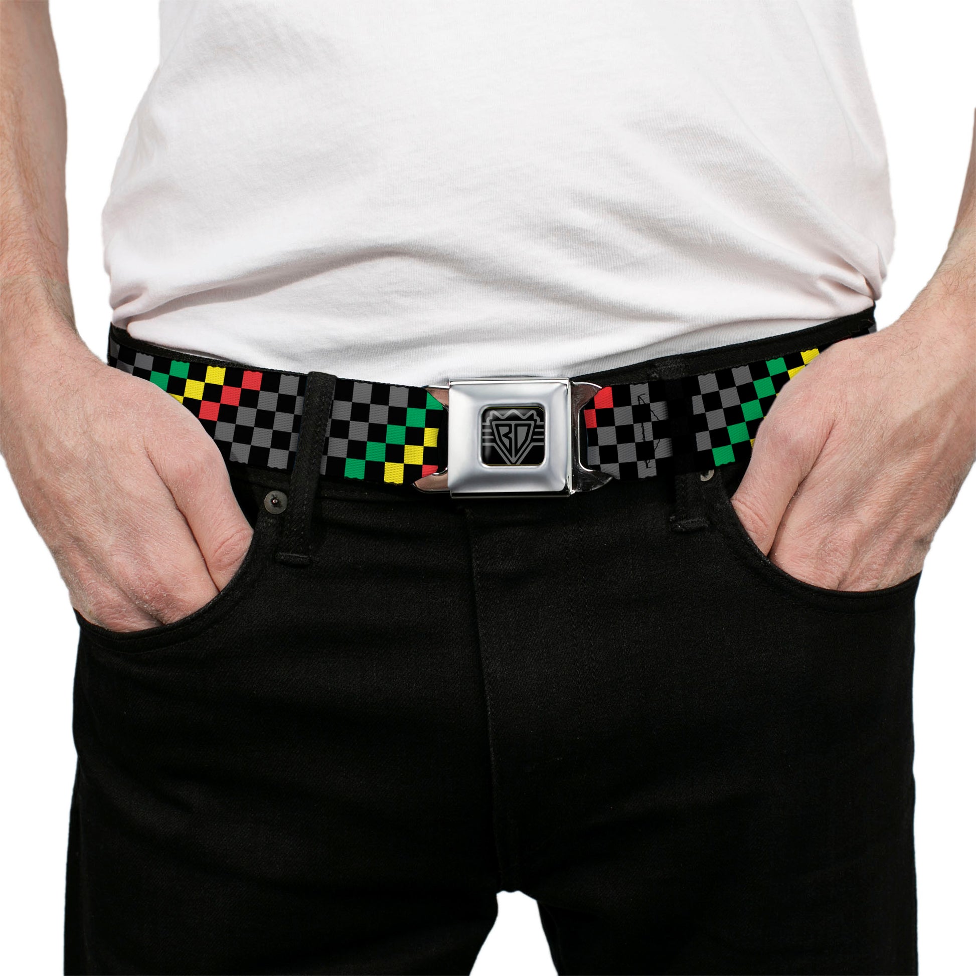 BD Wings Logo CLOSE-UP Full Color Black Silver Seatbelt Belt - Checker Stripe Black/Gray/Rasta Webbing Seatbelt Belts Buckle-Down