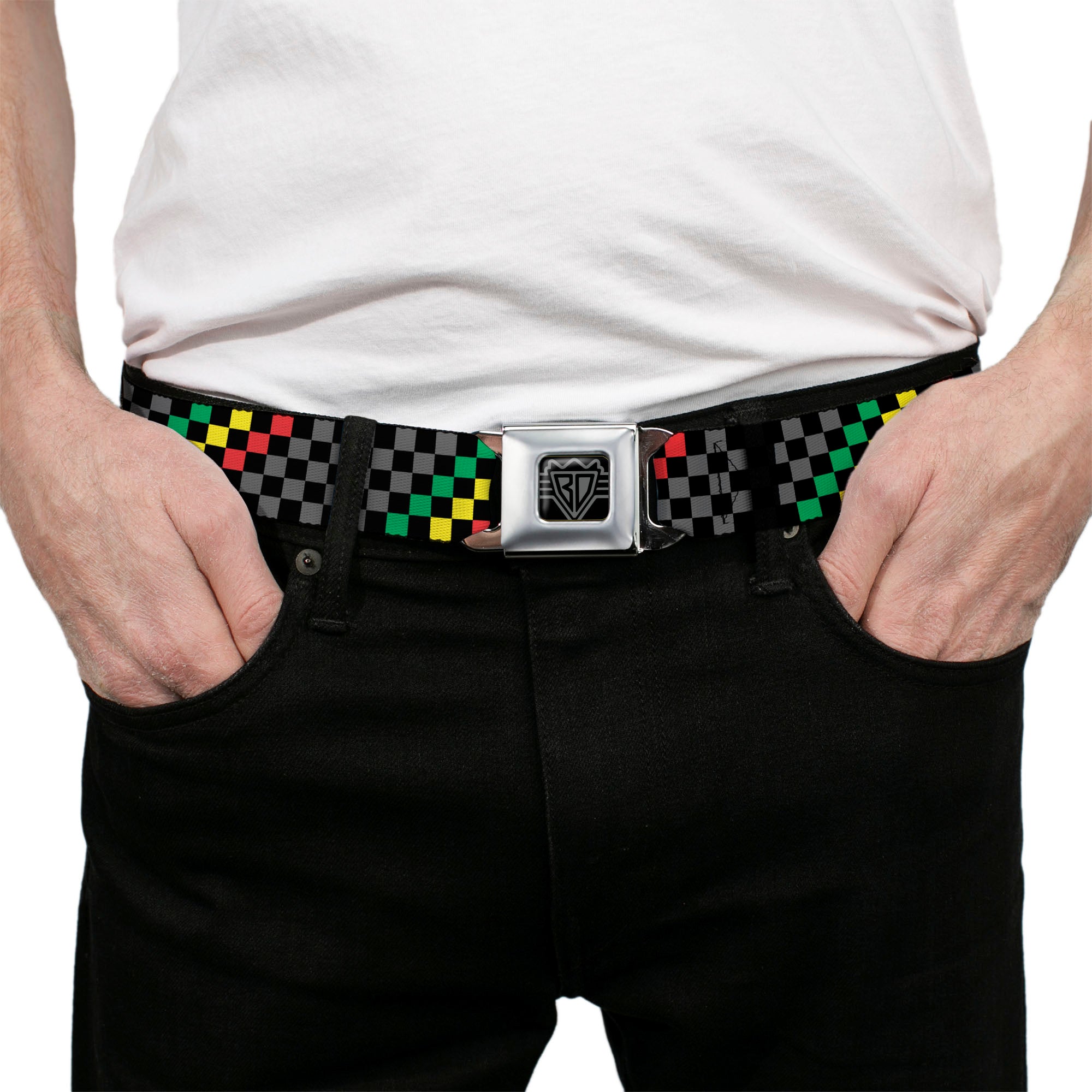 BD Wings Logo CLOSE-UP Full Color Black Silver Seatbelt Belt - Checker Stripe Black/Gray/Rasta Webbing Seatbelt Belts Buckle-Down
