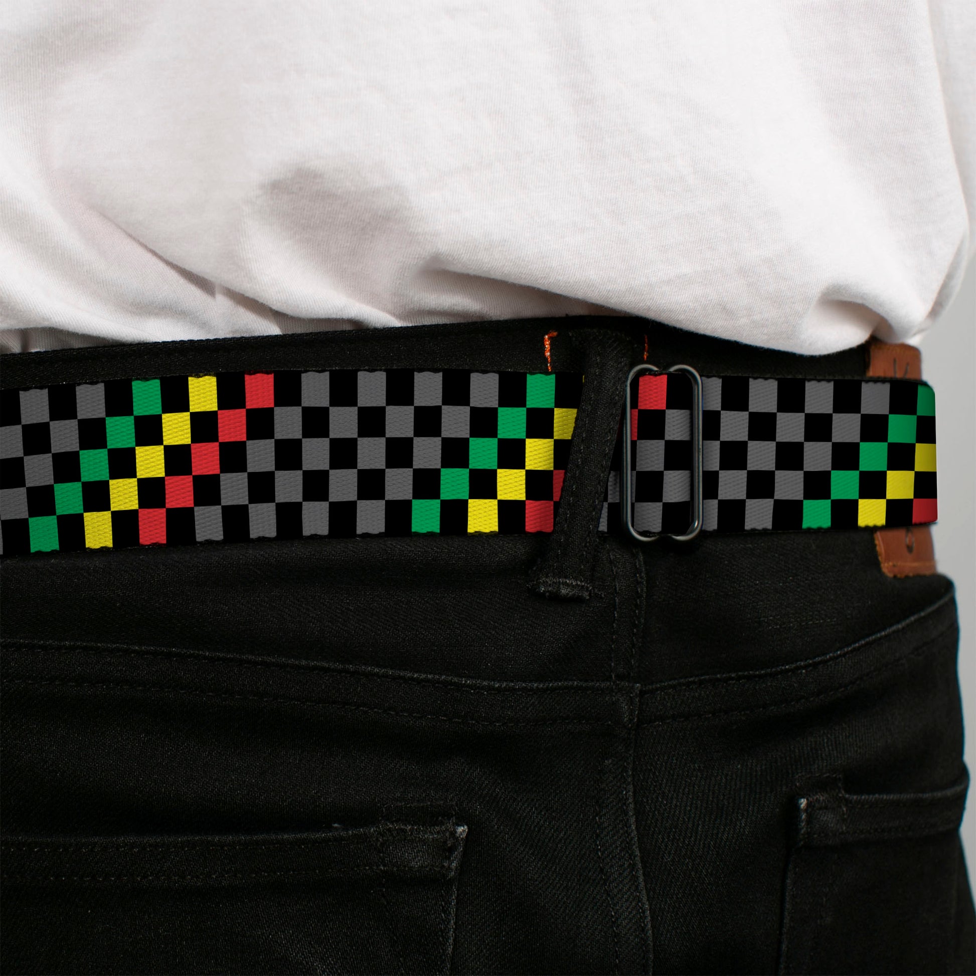 BD Wings Logo CLOSE-UP Full Color Black Silver Seatbelt Belt - Checker Stripe Black/Gray/Rasta Webbing Seatbelt Belts Buckle-Down