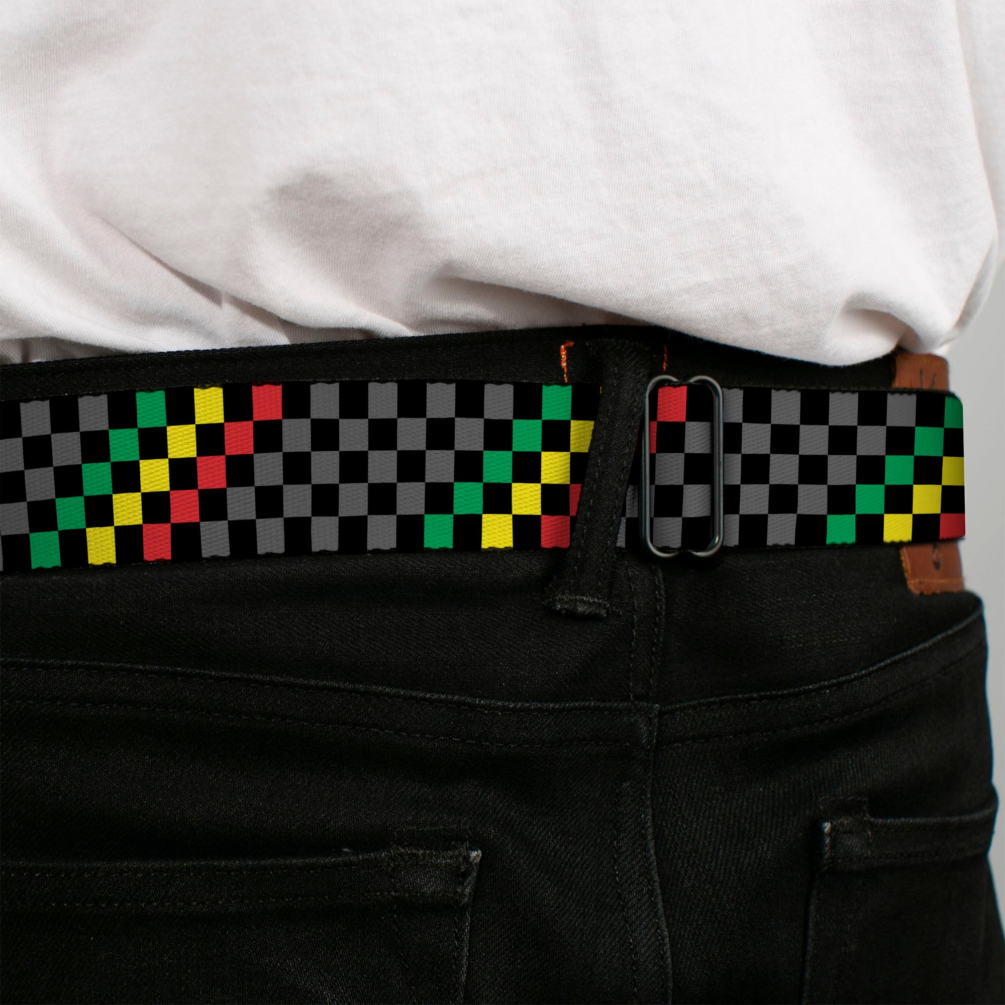 BD Wings Logo CLOSE-UP Full Color Black Silver Seatbelt Belt - Checker Stripe Black/Gray/Rasta Webbing Seatbelt Belts Buckle-Down
