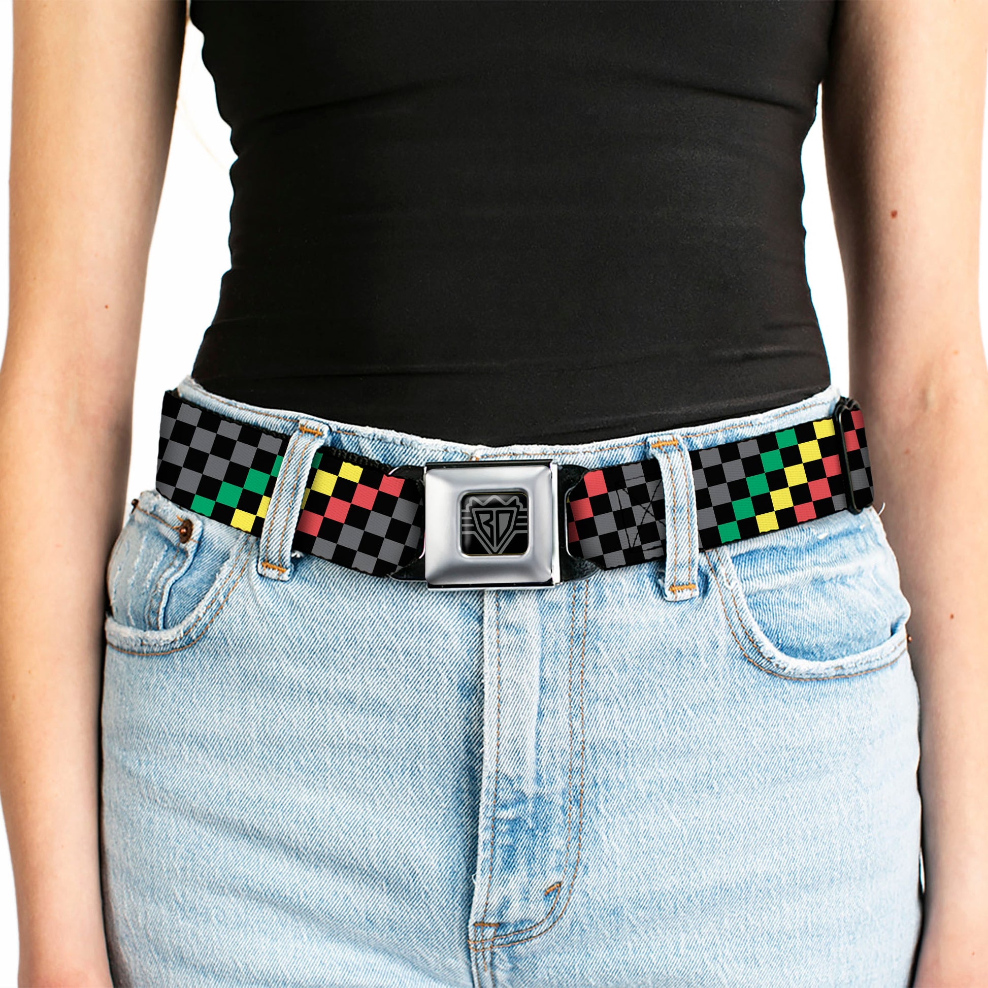 BD Wings Logo CLOSE-UP Full Color Black Silver Seatbelt Belt - Checker Stripe Black/Gray/Rasta Webbing Seatbelt Belts Buckle-Down