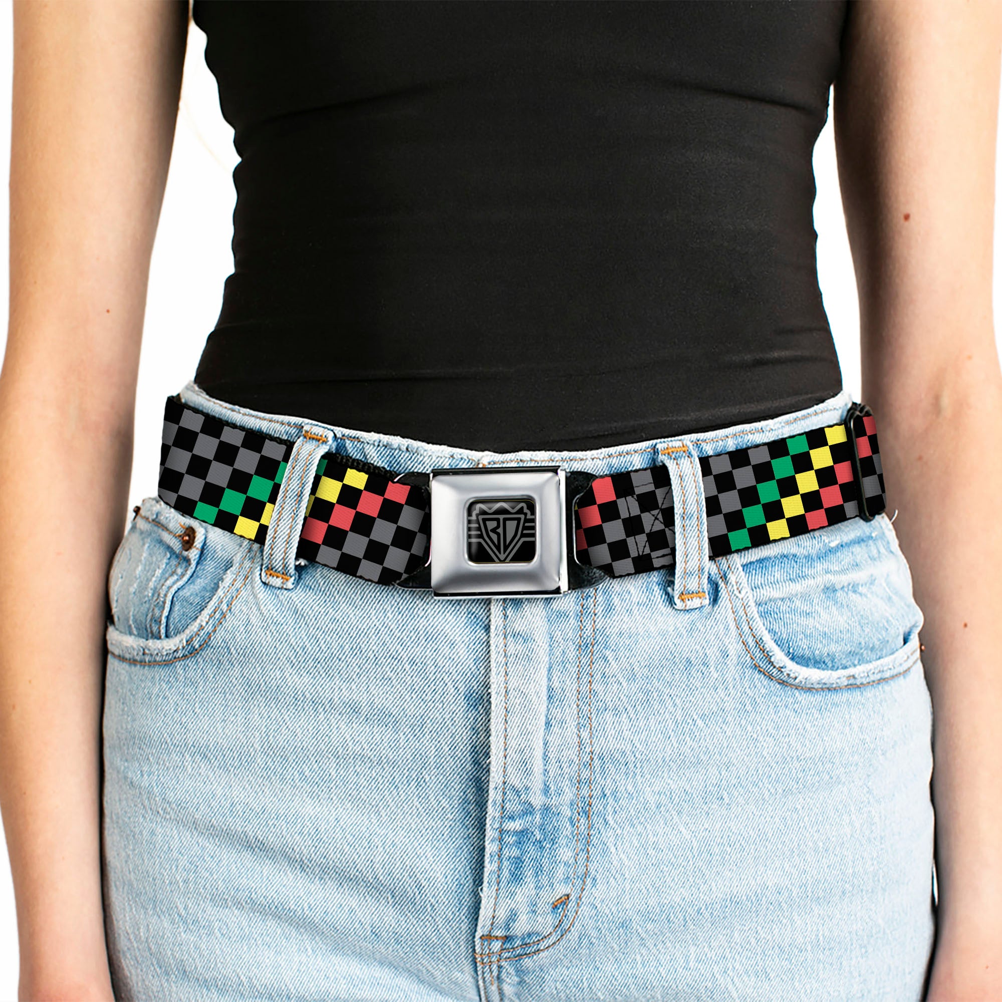 BD Wings Logo CLOSE-UP Full Color Black Silver Seatbelt Belt - Checker Stripe Black/Gray/Rasta Webbing Seatbelt Belts Buckle-Down